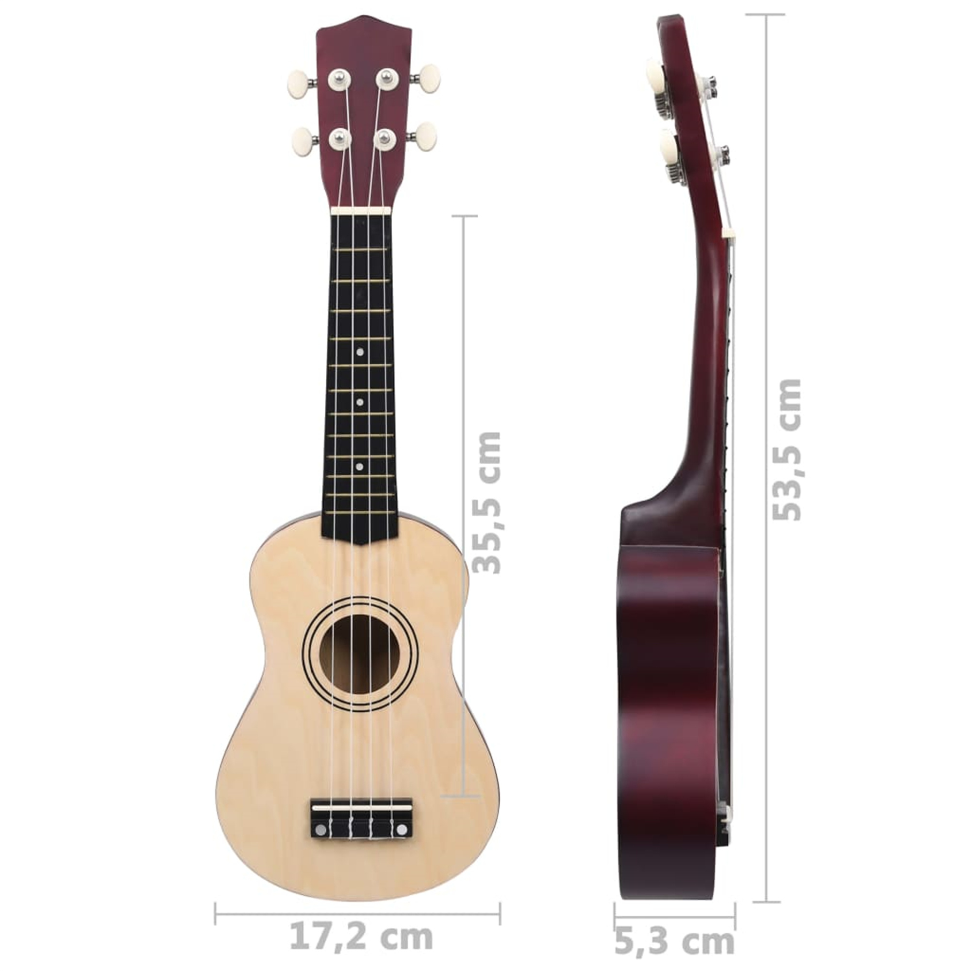 Ukulele mit Maßen: 35,5 cm Höhe, 17,2 cm Breite, 53,5 cm Länge. Heller Korpus, dunkler Hals.