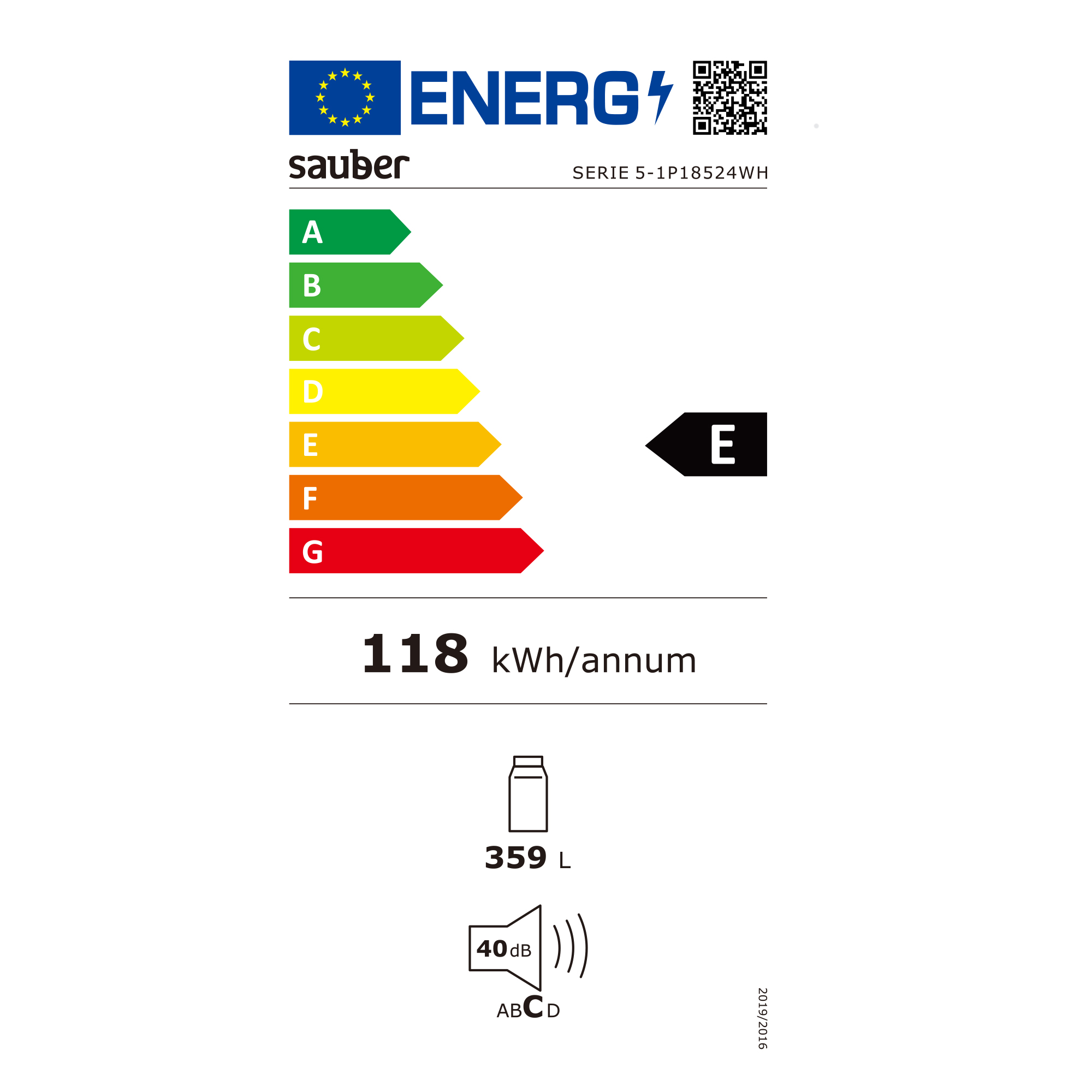 Una etiqueta energética para un frigorífico. Muestra la clase de eficiencia energética E.