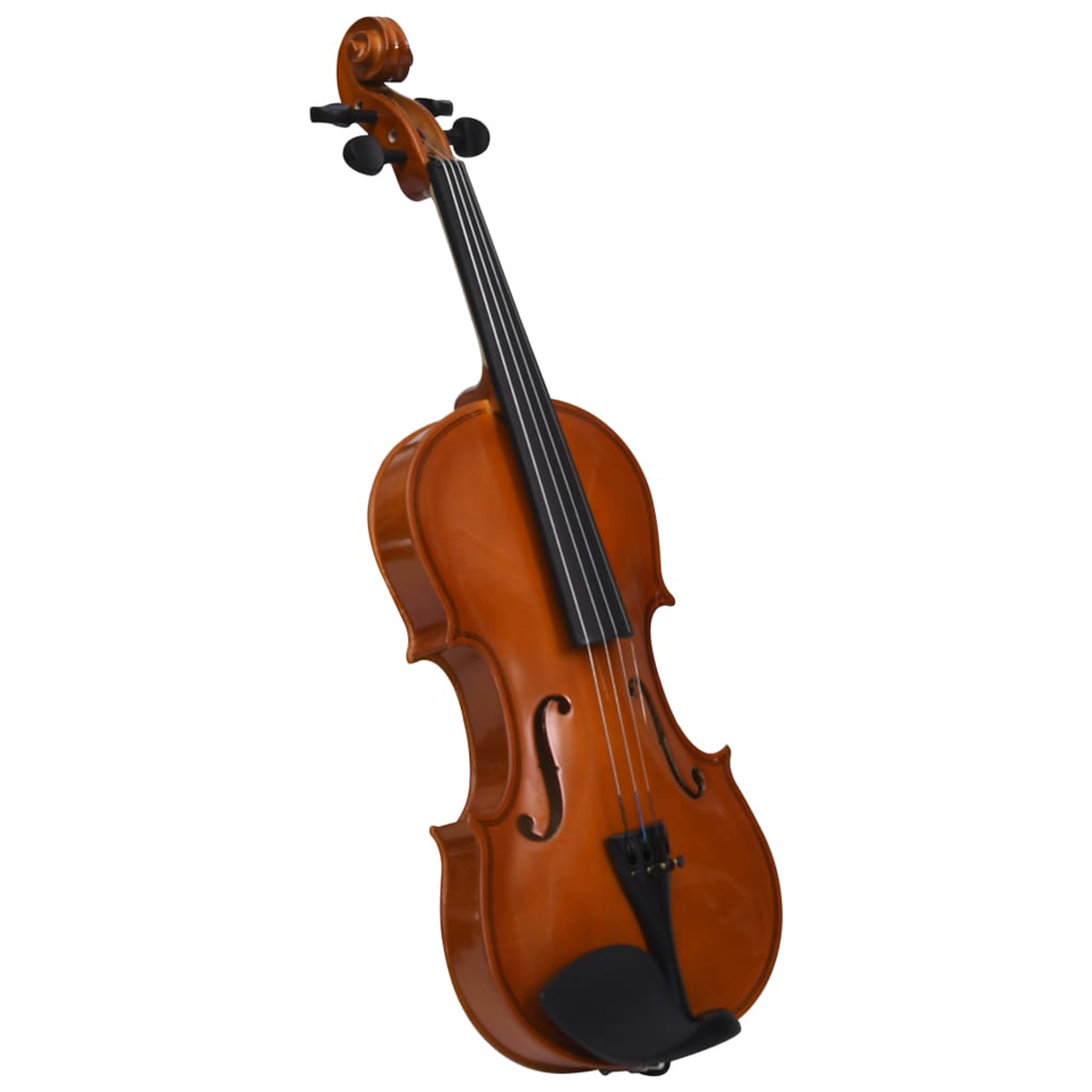 Eine braune Violine mit schwarzen Saiten, einem schwarzen Kinnstütze und einem schwarzen Bogen. Isoliert auf Weiß.