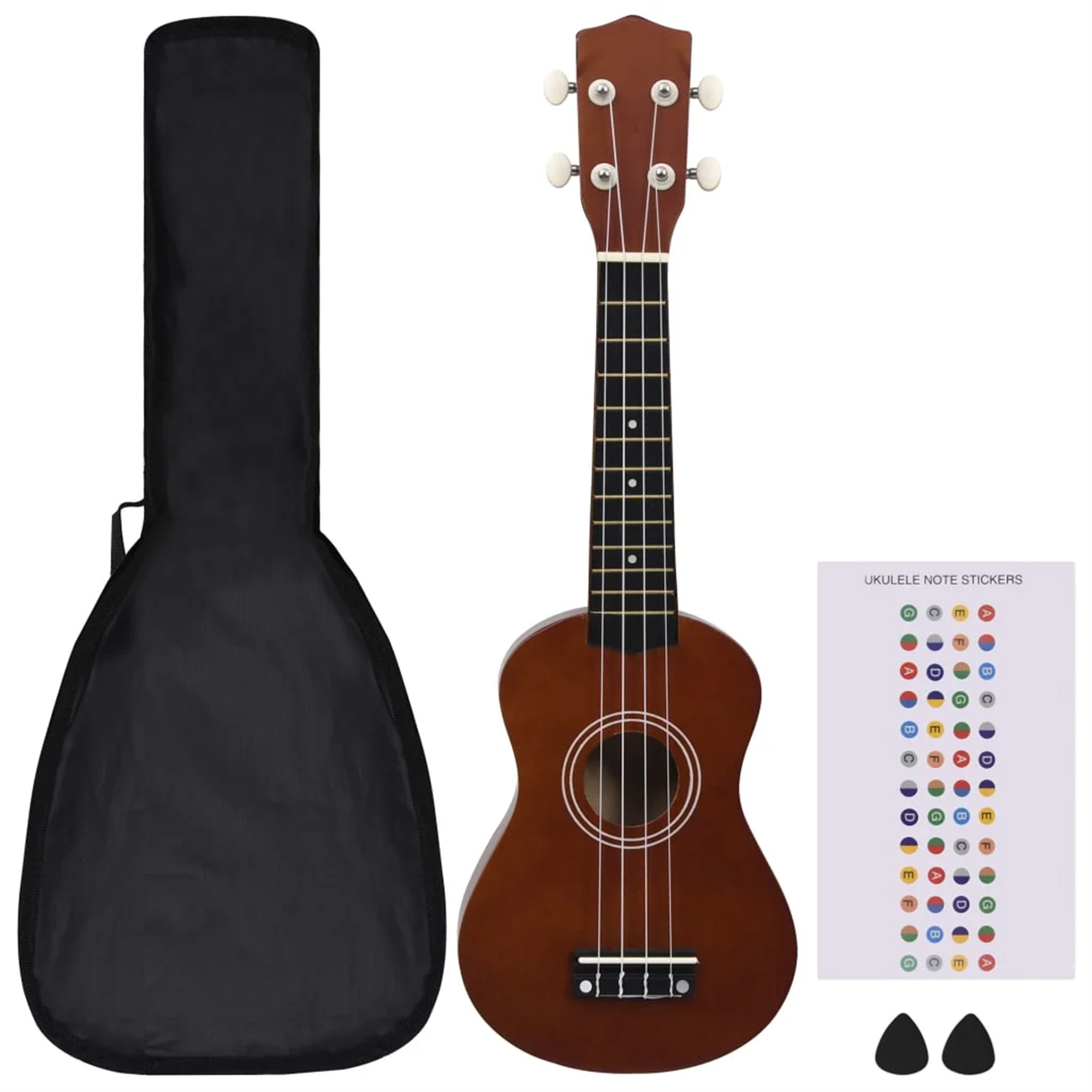 Braune Ukulele mit schwarzem Tragekoffer und Notenaufklebern. Zwei schwarze Plektren an der Seite.