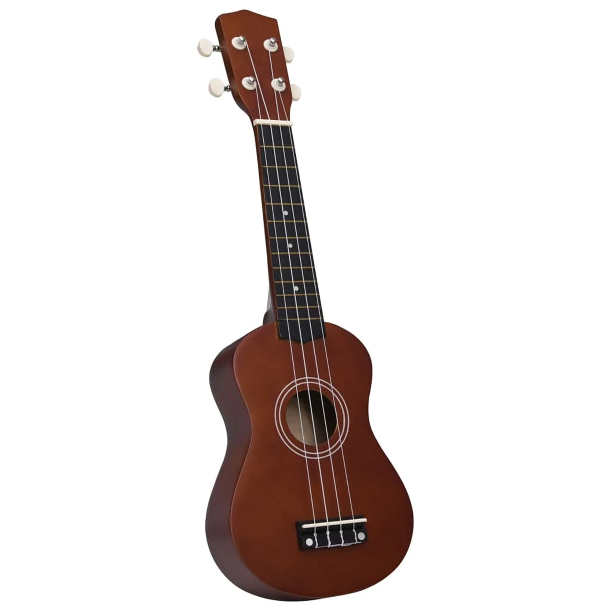 Eine braune Ukulele auf weißem Hintergrund. Sie hat Saiten, Stimmwirbel und ein Schallloch.