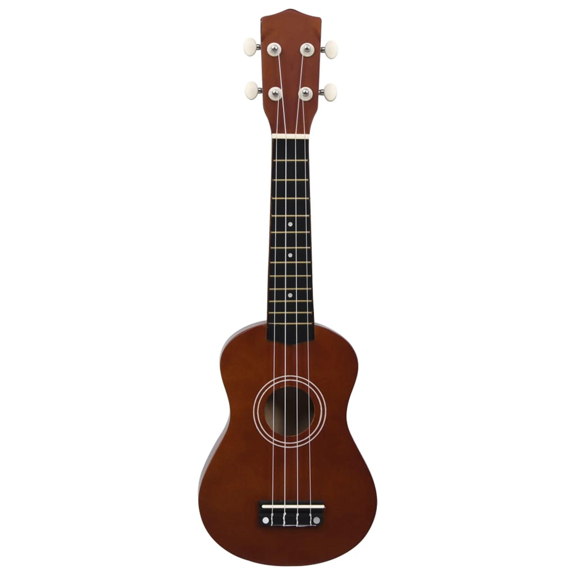 Braunes Ukulele, weißer Hintergrund. Vier Saiten. Schwarzes Griffbrett.
