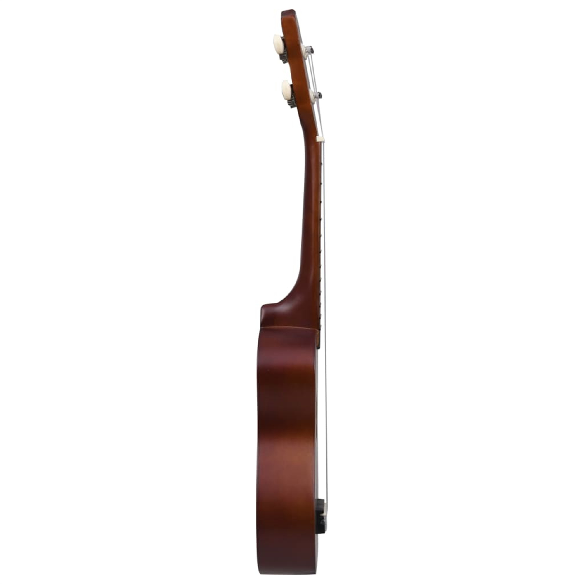 Seitenansicht einer braunen Ukulele, einer kleinen Gitarre mit vier Saiten.