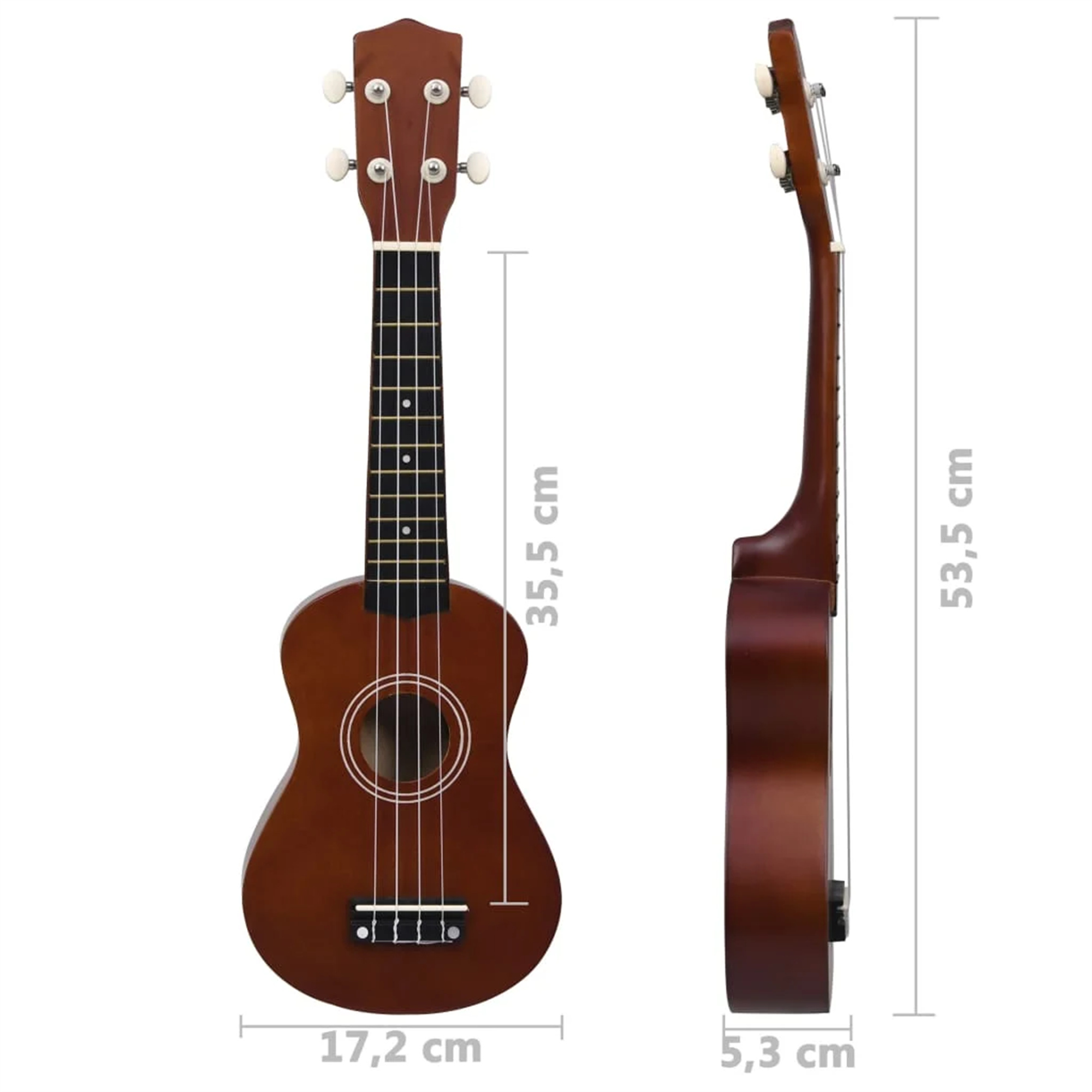 Braune Ukulele mit angezeigten Abmessungen, Vorder- und Seitenansicht.