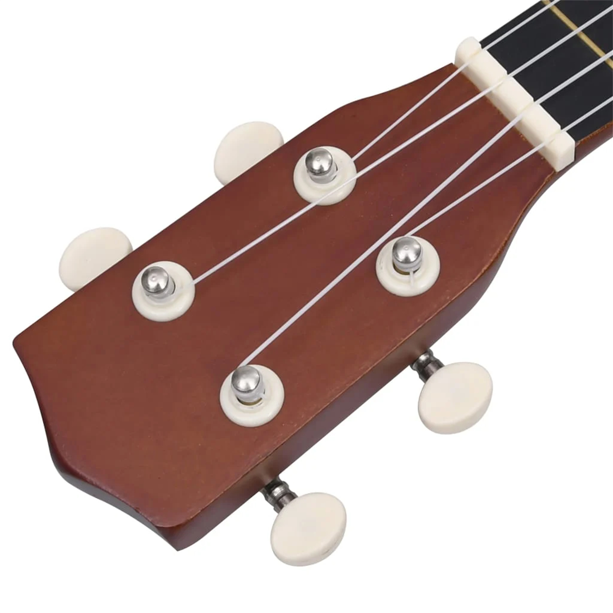 Ukulele-Kopf mit Stimmwirbeln. Braunes Holz, weiße Stimmwirbel und Saiten.