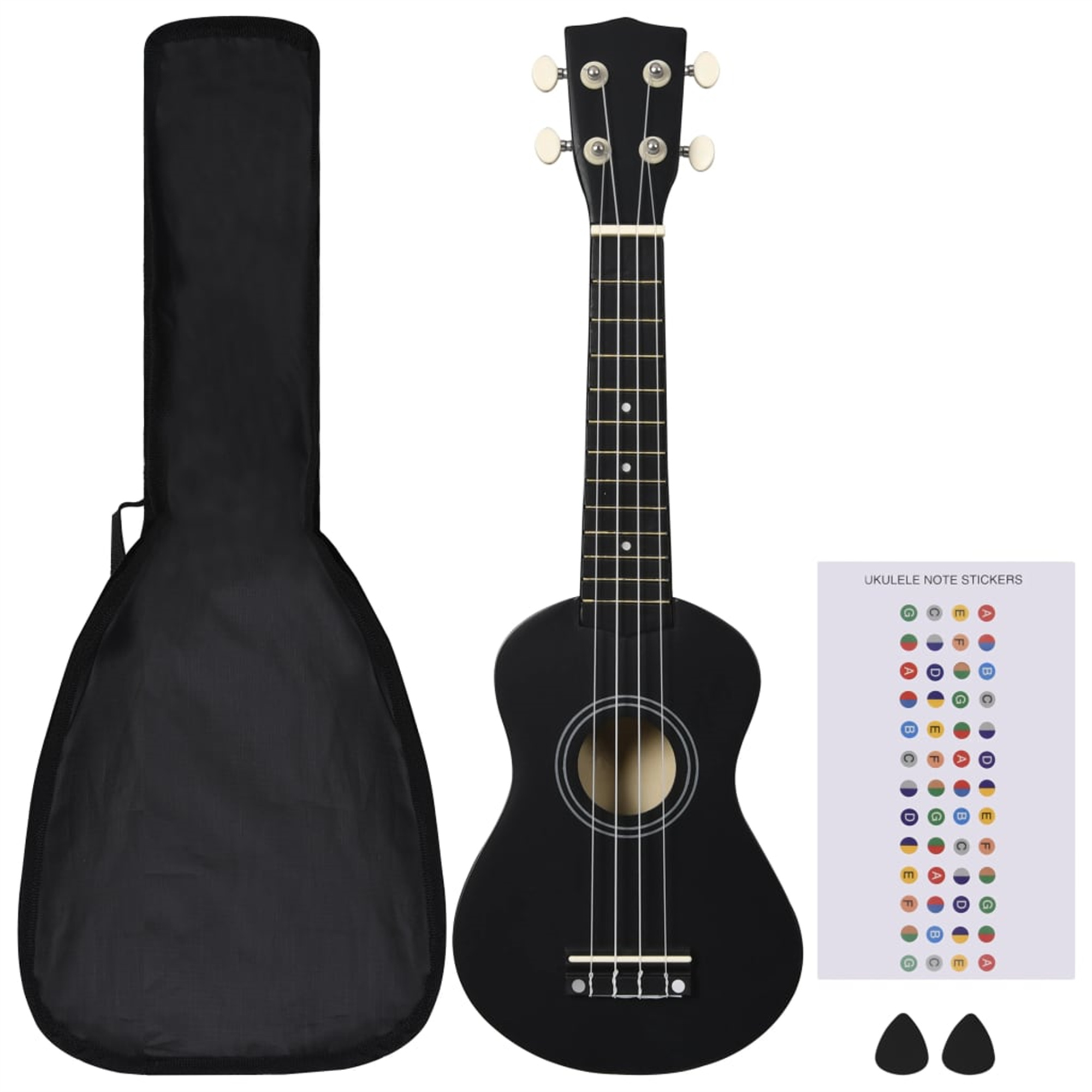 Schwarze Ukulele, Koffer, Notenaufkleber und Plektren.