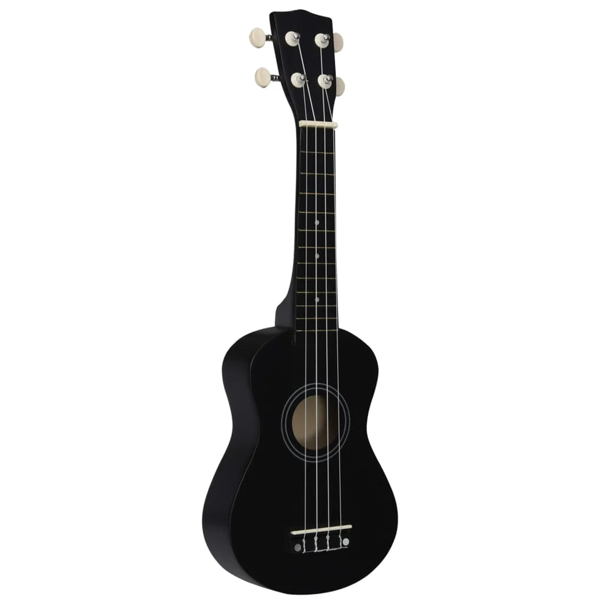 Schwarze Ukulele. Vier weiße Stimmwirbel. Weiße Saiten. Schallloch. Weißer Hintergrund.