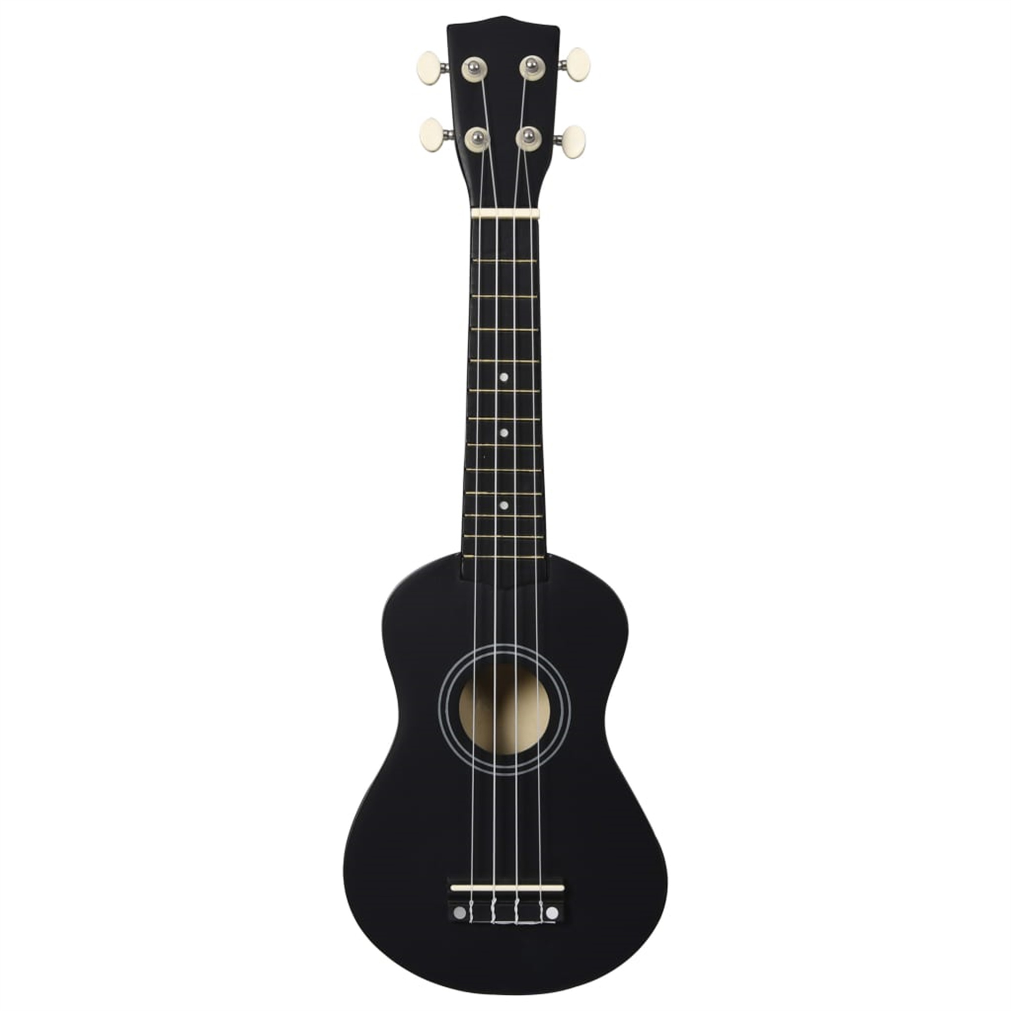 Eine schwarze Ukulele mit weißen Stimmwirbeln, auf weißem Hintergrund.