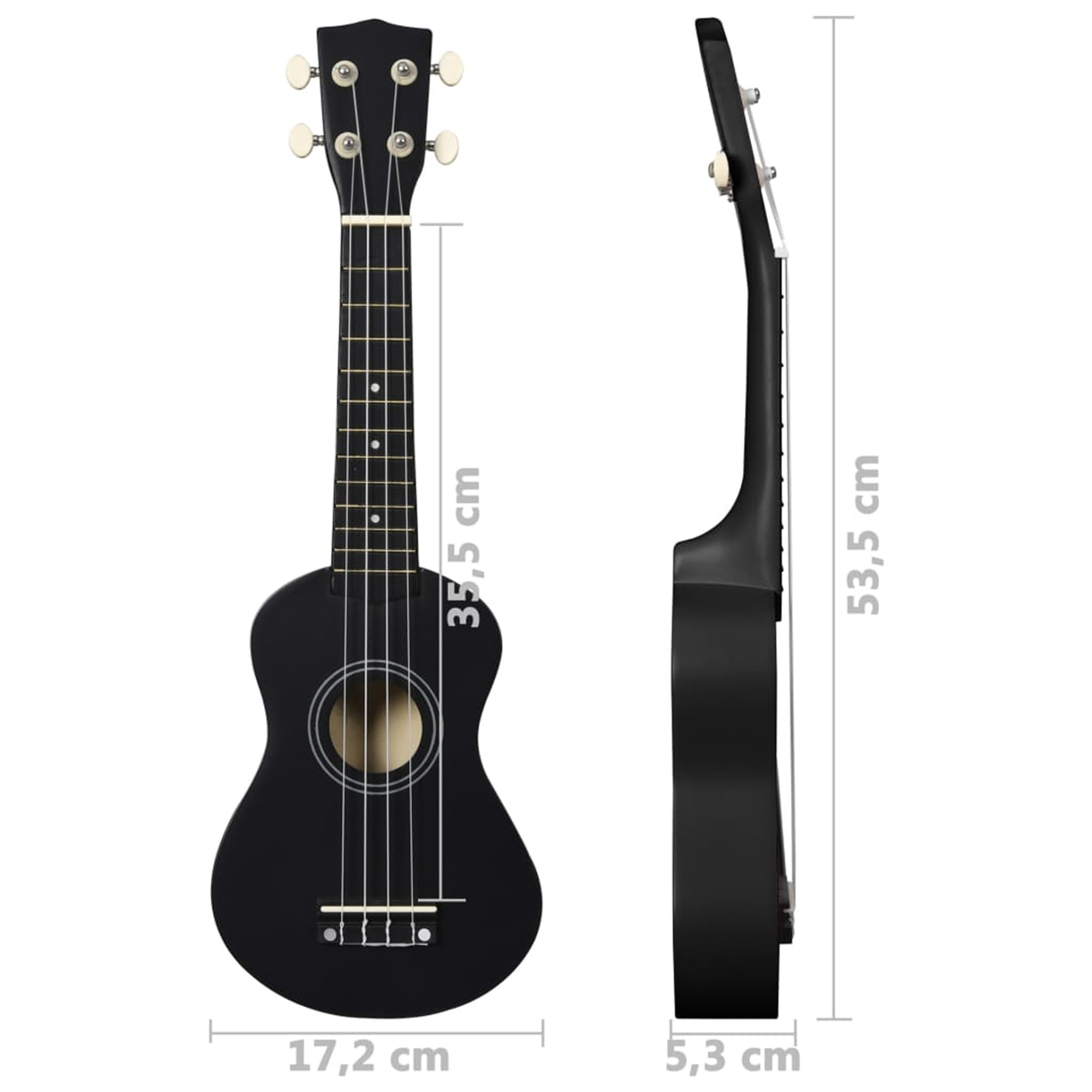 Eine schwarze Ukulele mit Maßen, gezeigt in Front- und Seitenansicht auf weißem Hintergrund.