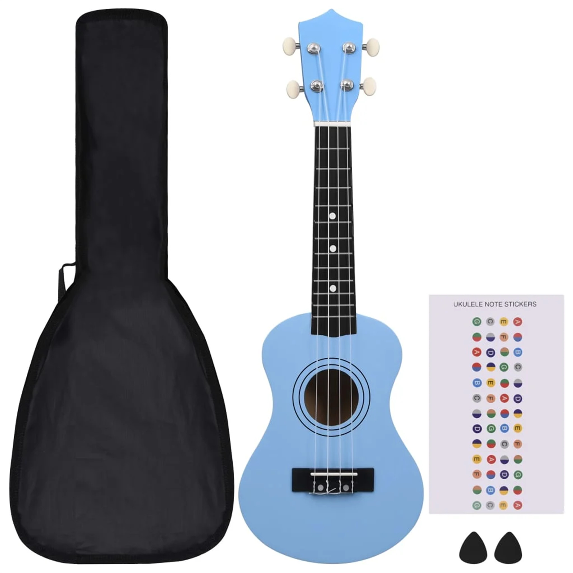 Blaue Ukulele mit schwarzen Saiten und Koffer, Notenaufkleber und Plektren. Weißer Hintergrund.