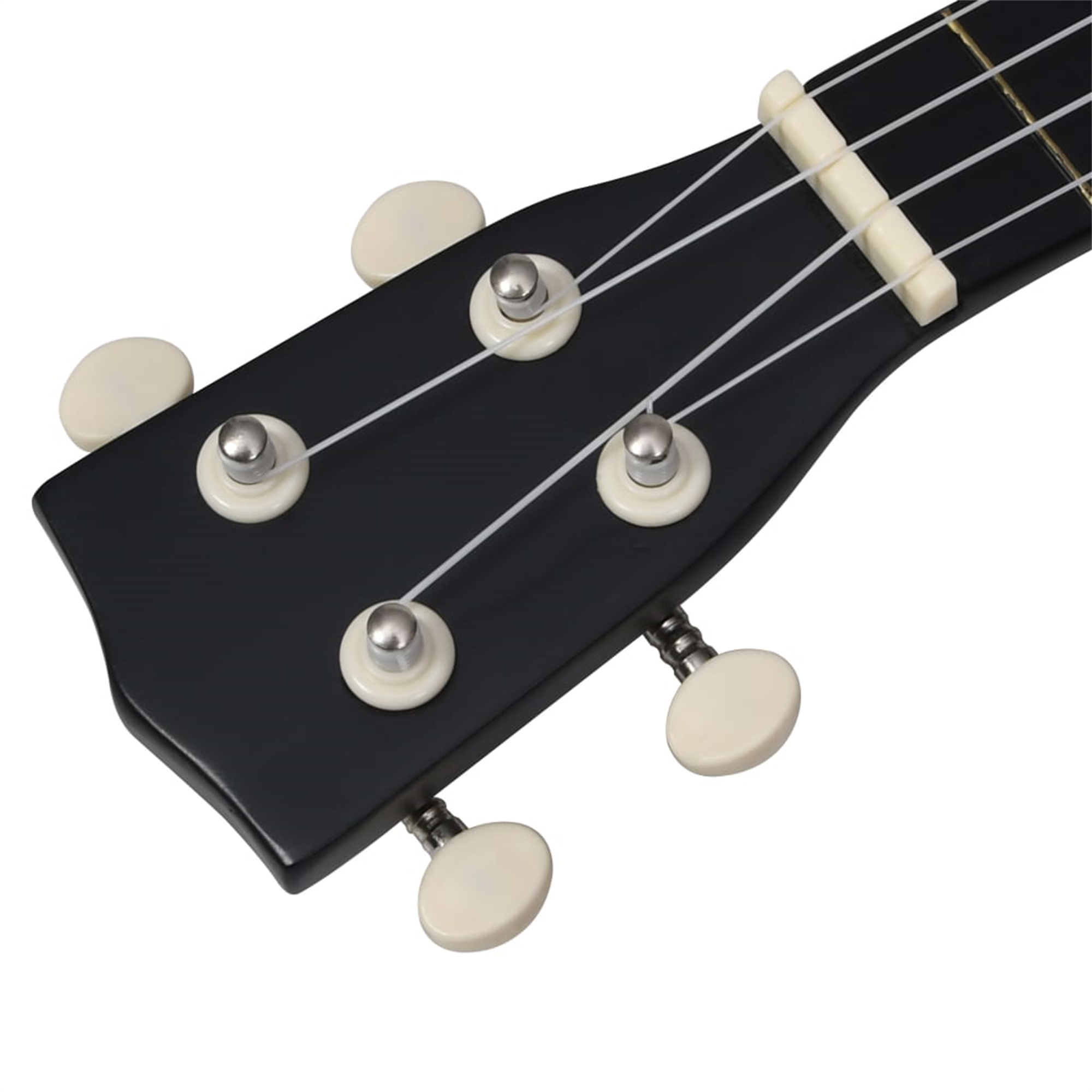 Nahaufnahme einer schwarzen Ukulele-Kopfplatte mit Saiten, Stimmgeräten und einem weißen Sattel.