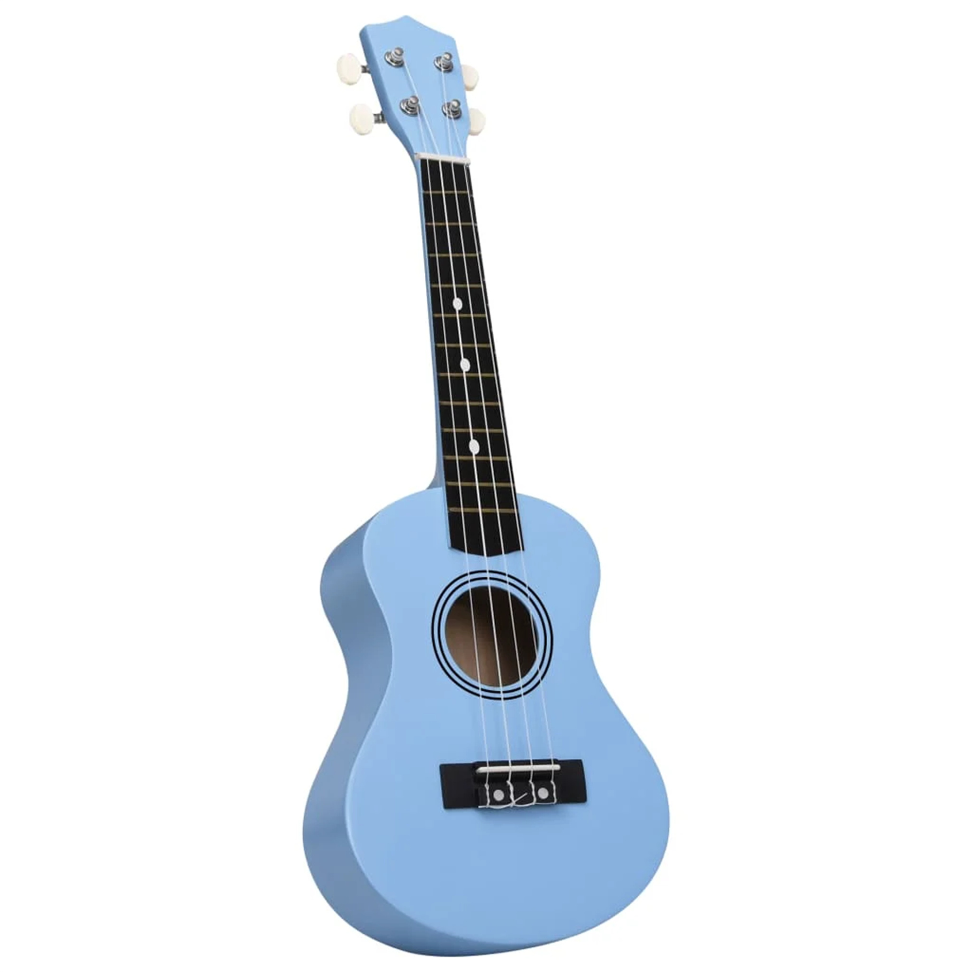 Eine hellblaue Ukulele vor weißem Hintergrund, nach rechts geneigt.