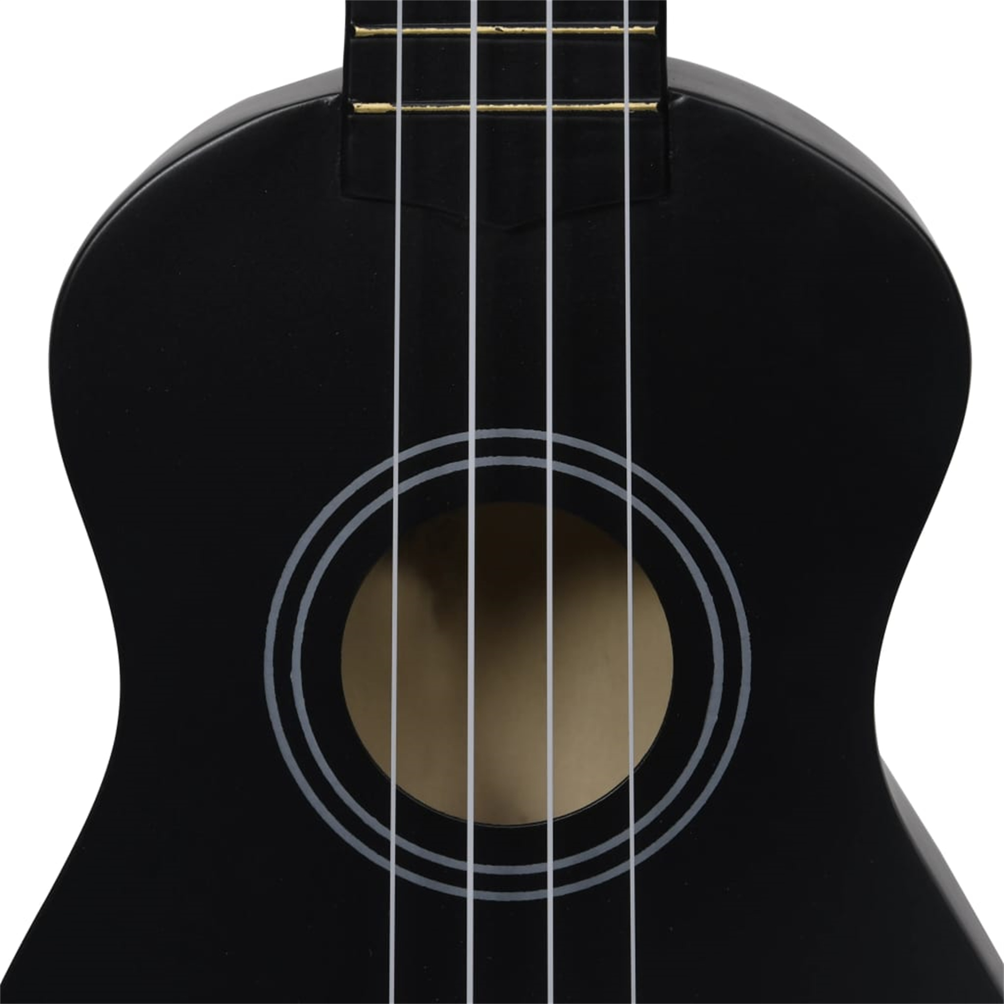 Eine schwarze Ukulele mit rundem Schallloch. Die Ukulele hat vier Saiten und eine glänzende Oberfläche.