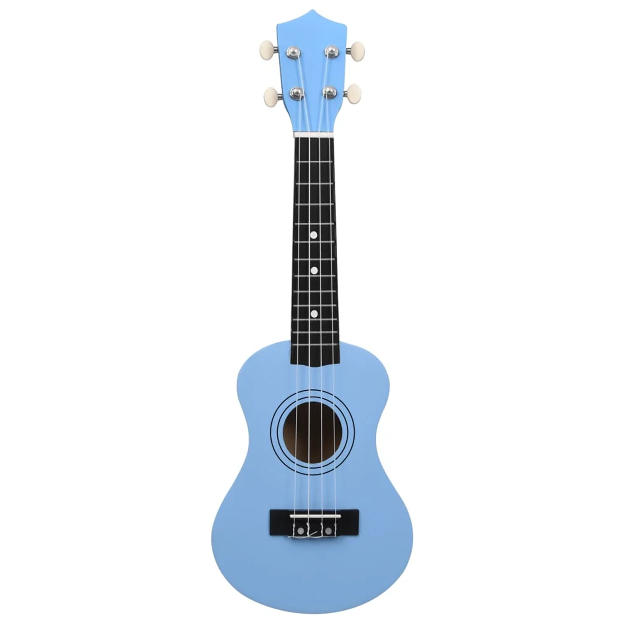 Eine hellblaue Ukulele. Die Saiten, das Griffbrett und die Stimmwirbel sind sichtbar.