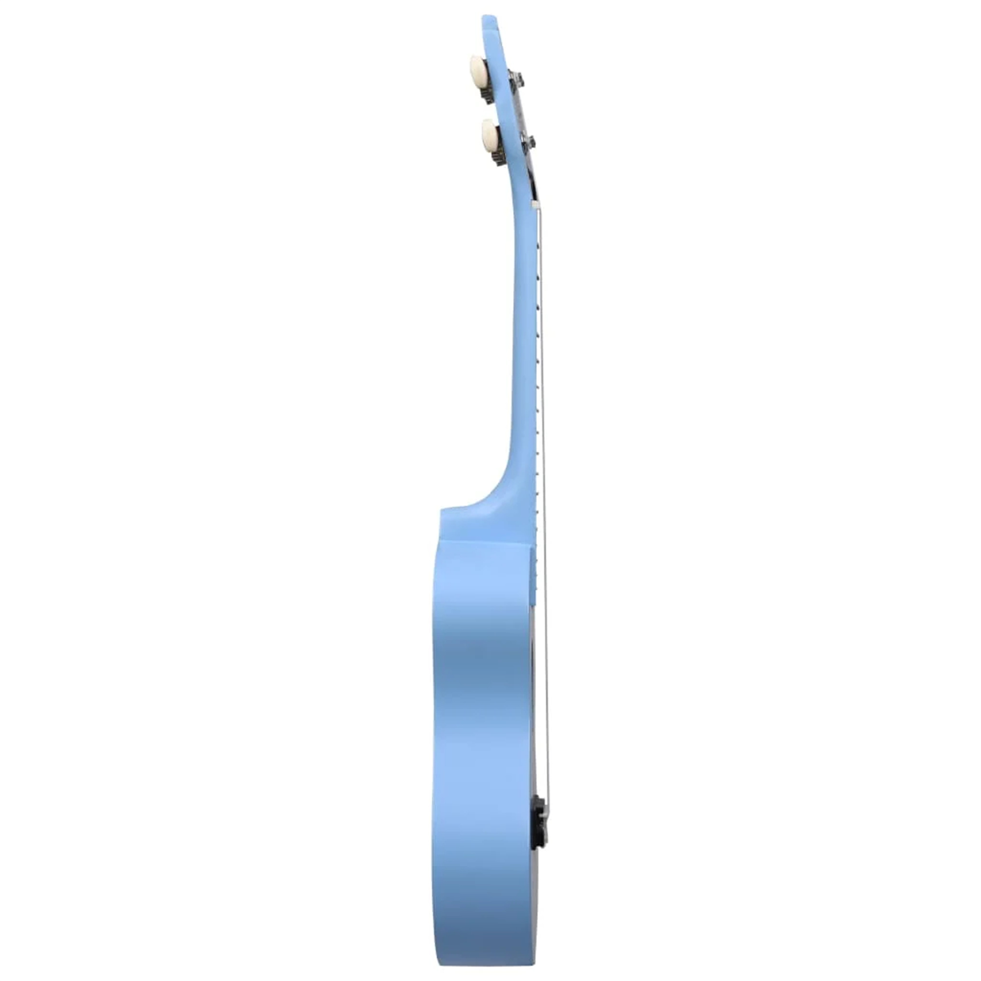 Eine Seitenansicht einer hellblauen Ukulele.