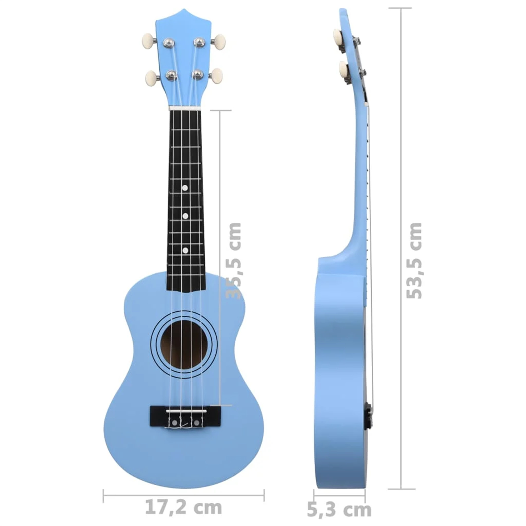 Eine hellblaue Ukulele. Abmessungen sind angegeben: 17,2 cm breit, 53,5 cm hoch und 5,3 cm tief.