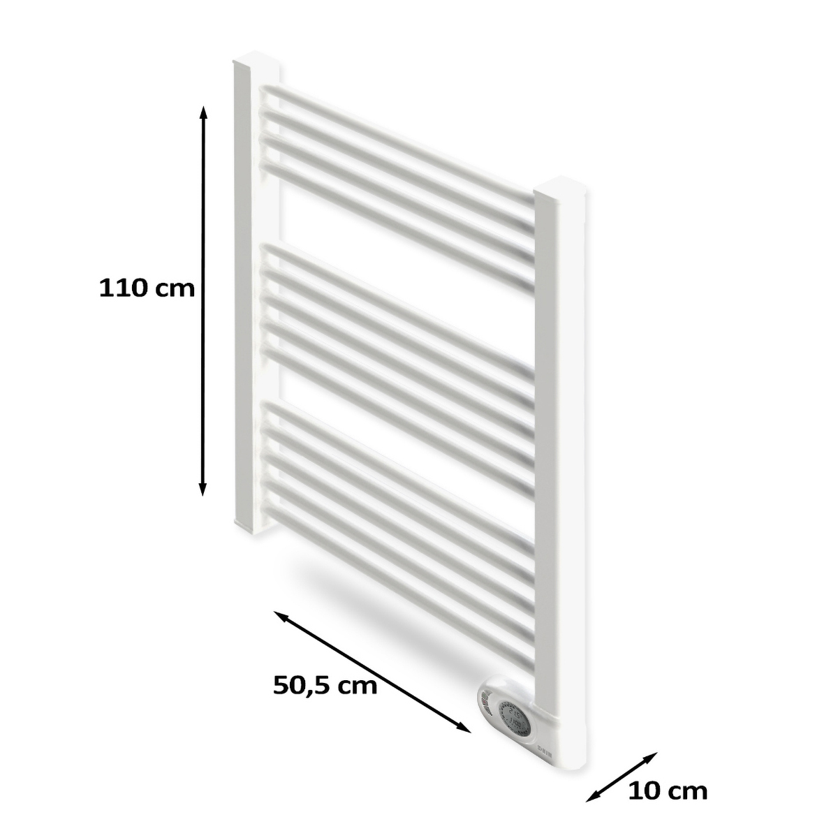 Uno scaldasalviette bianco con barre orizzontali, frecce dimensionali indicano altezza e larghezza.
