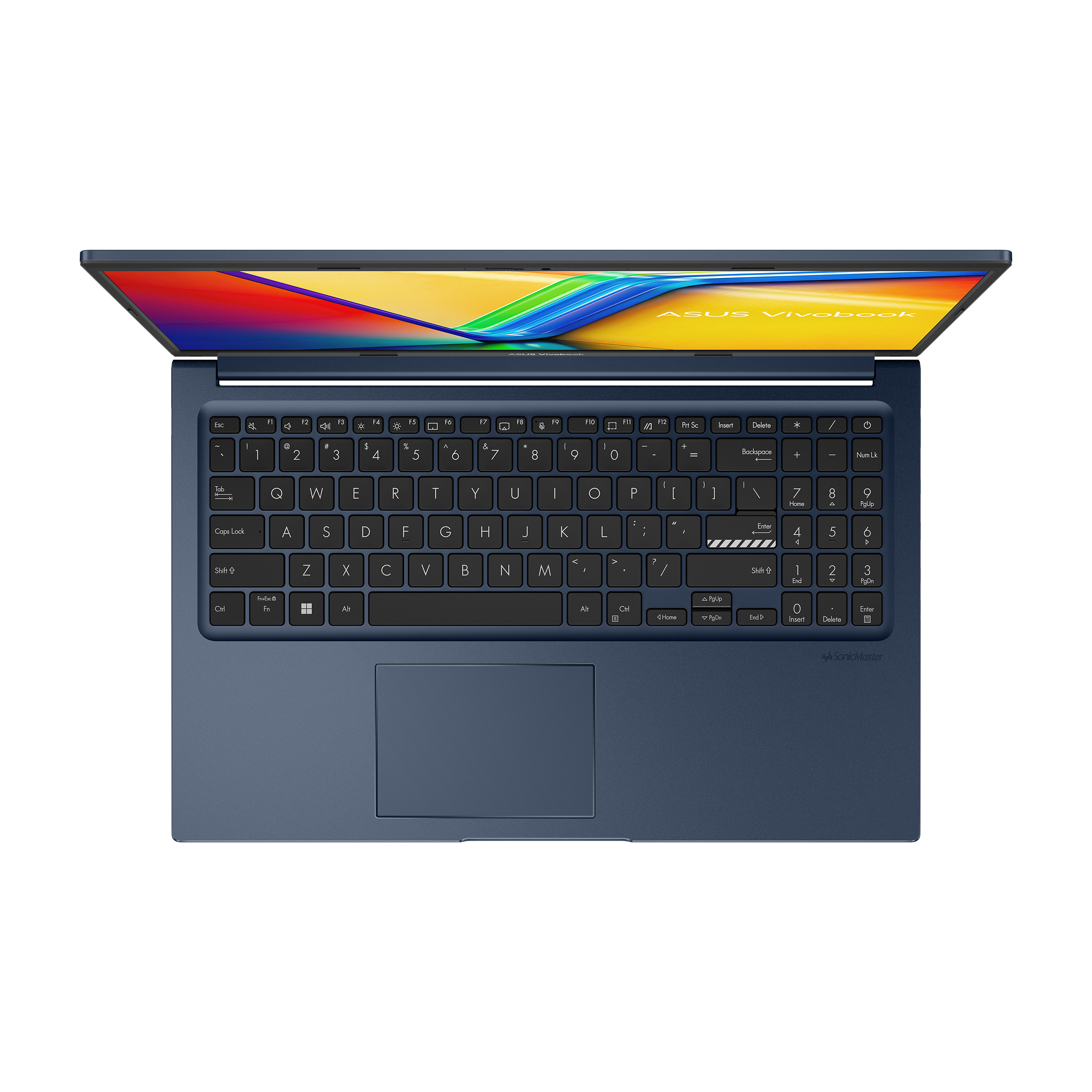 Bovenaanzicht van een blauw laptoptoetsenbord. Touchpad en ASUS Vivobook-logo zijn zichtbaar.