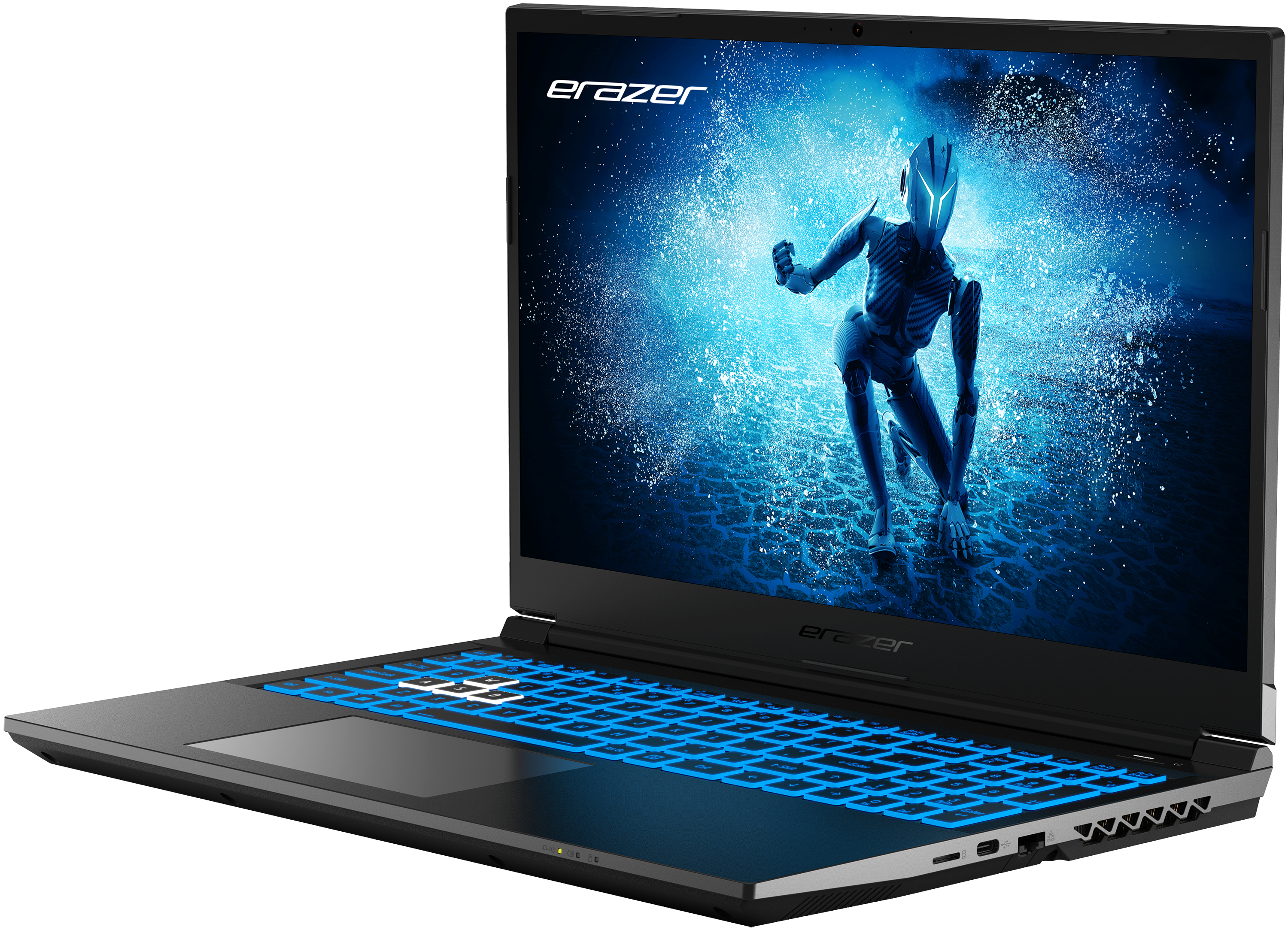 Black laptop with a blue backlit keyboard, screen displays a warrior.