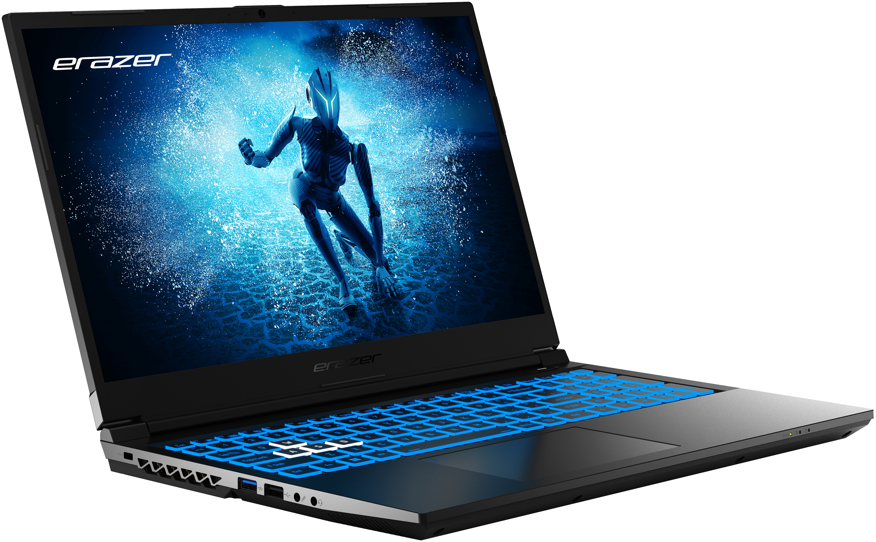 Laptop with blue backlit keyboard, a person running on the screen.