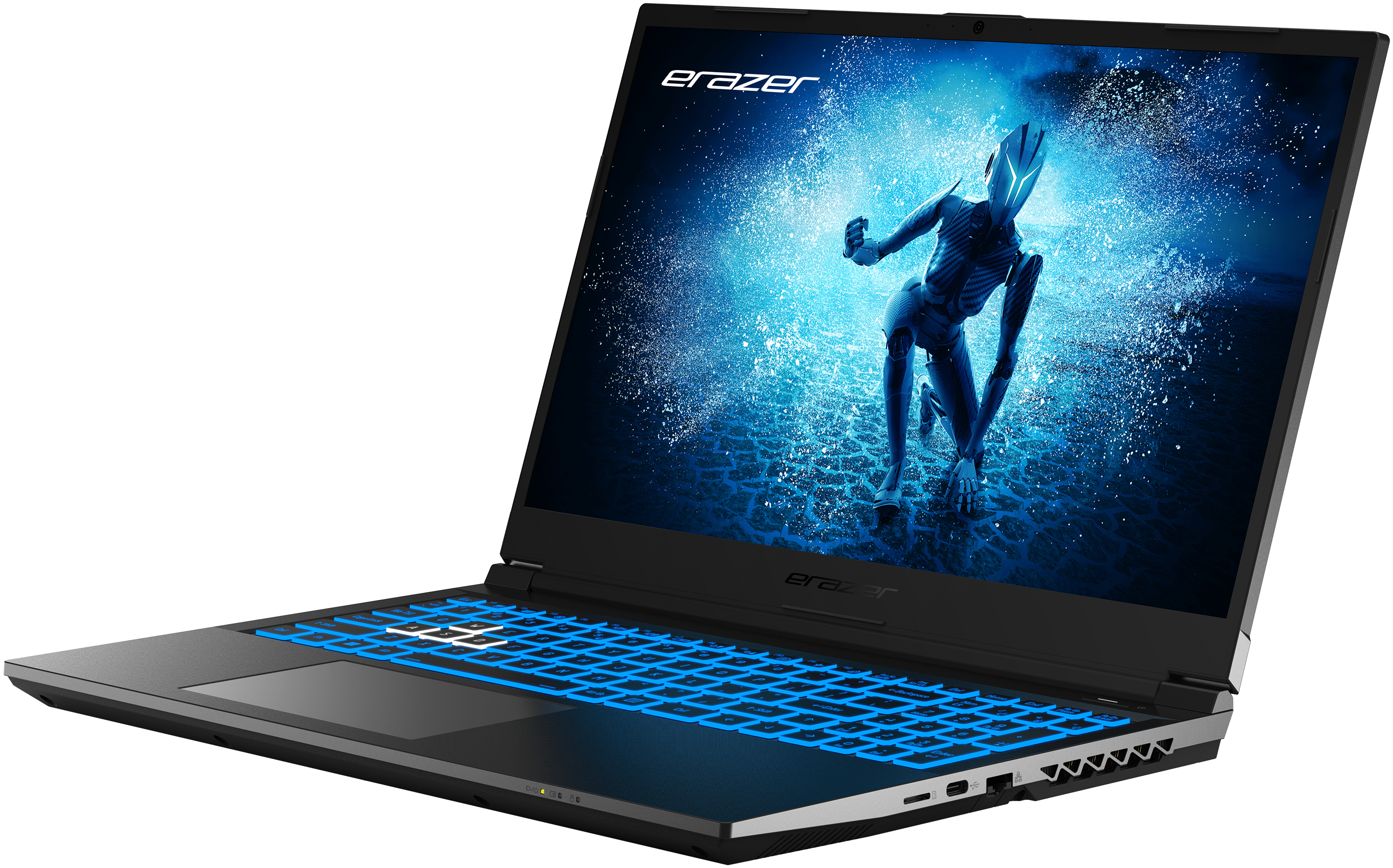 Black gaming laptop, blue backlit keyboard, screen with futuristic scene, a gaming character and a blue background.