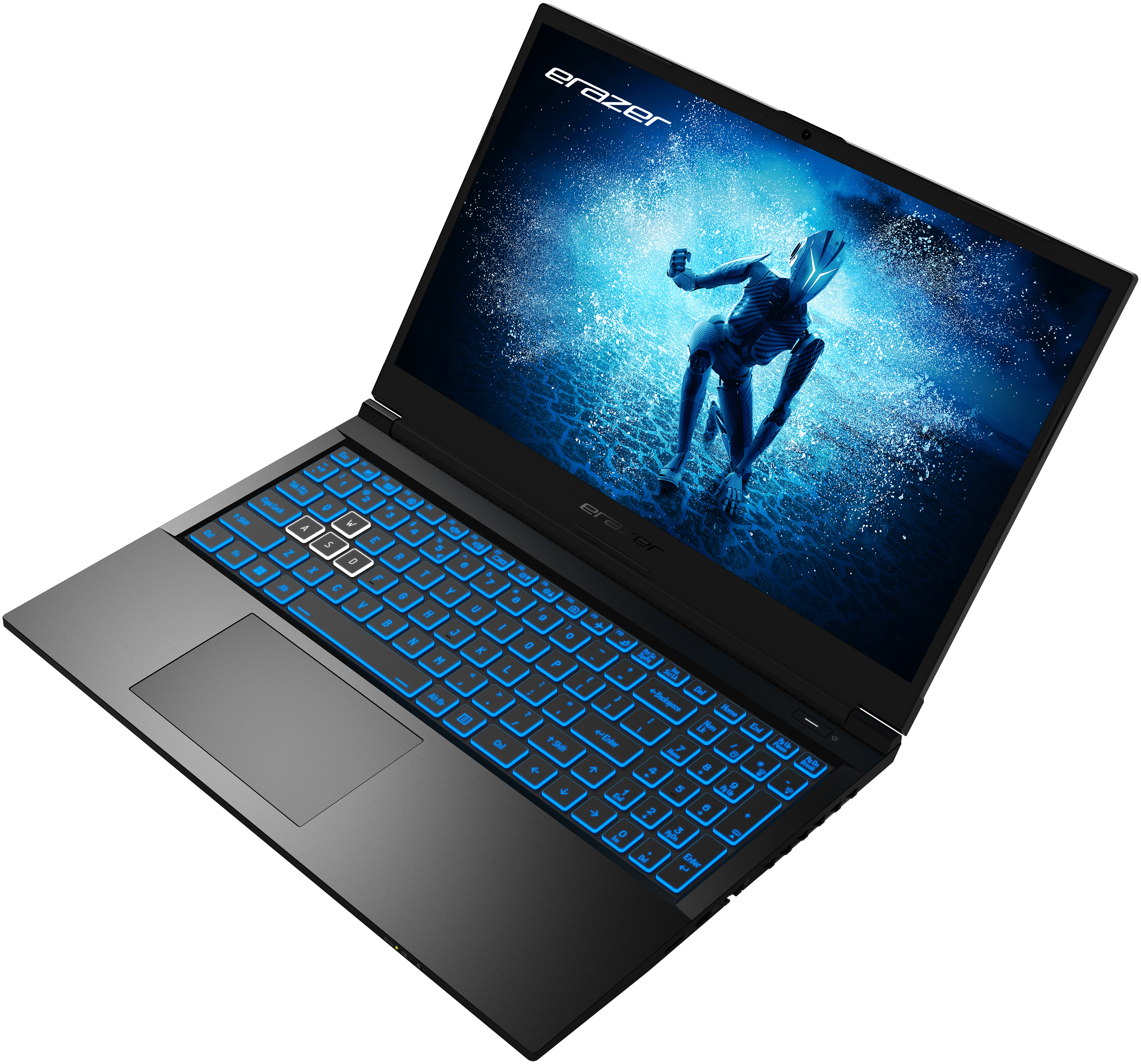 A black laptop with blue lit keys and a futuristic graphic on screen.