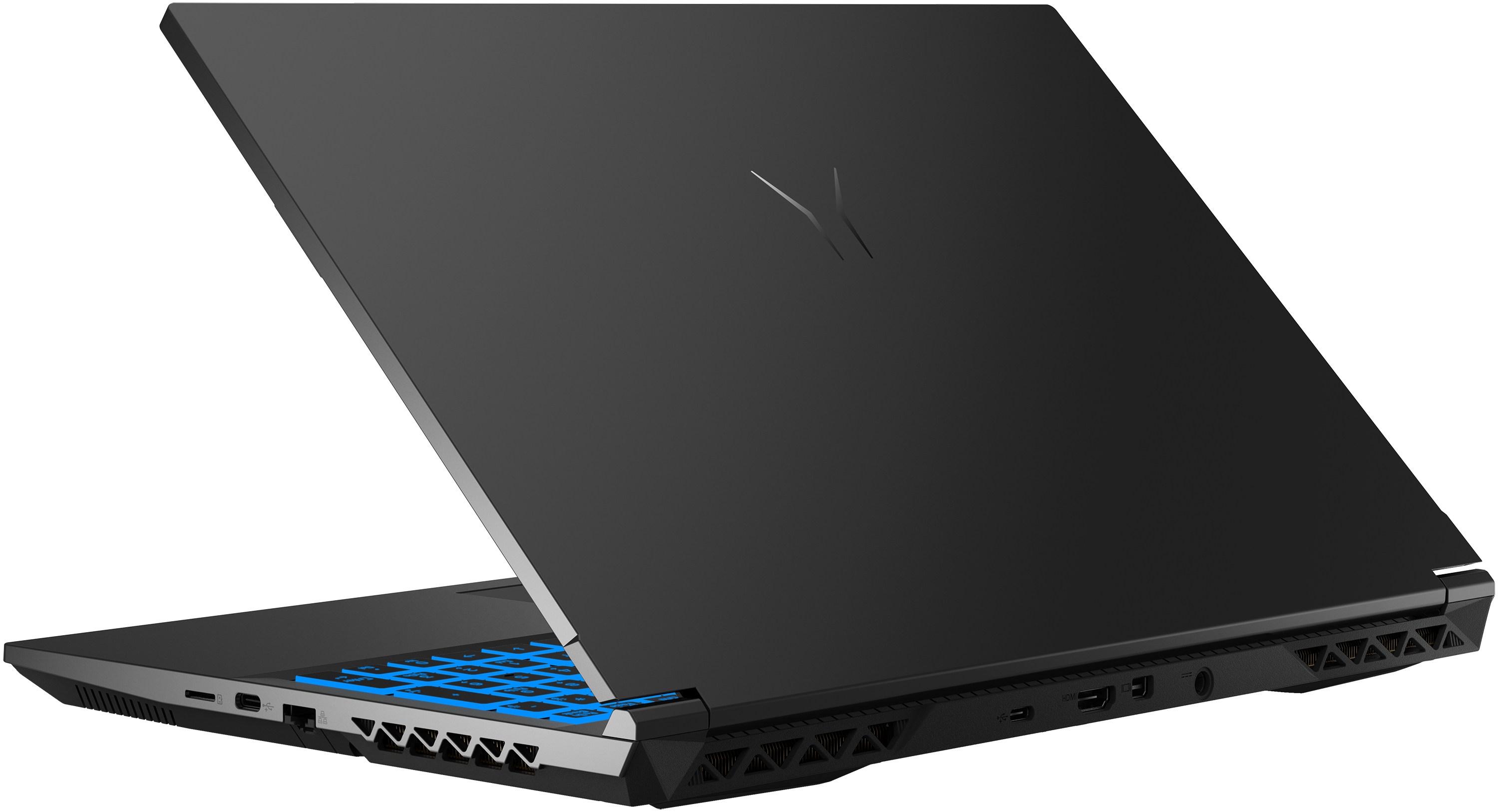 A black laptop with a blue lit keyboard, open at an angle with the back facing the viewer.