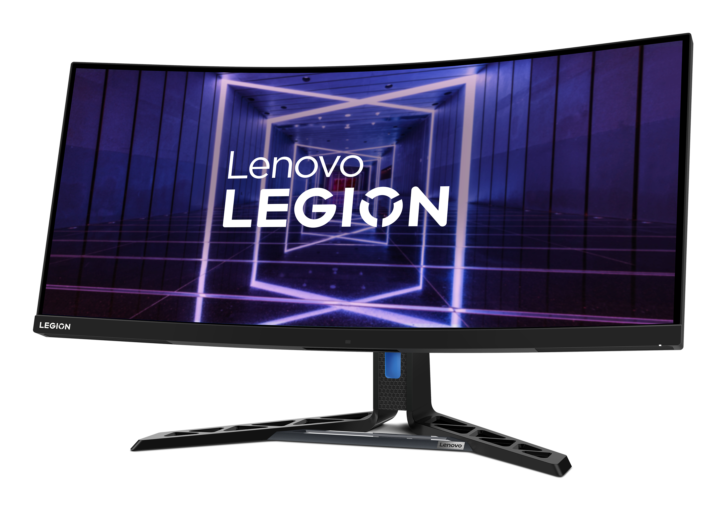 Zakrzywiony monitor komputera z logo Lenovo Legion, czarna ramka, z niebieską podstawą.