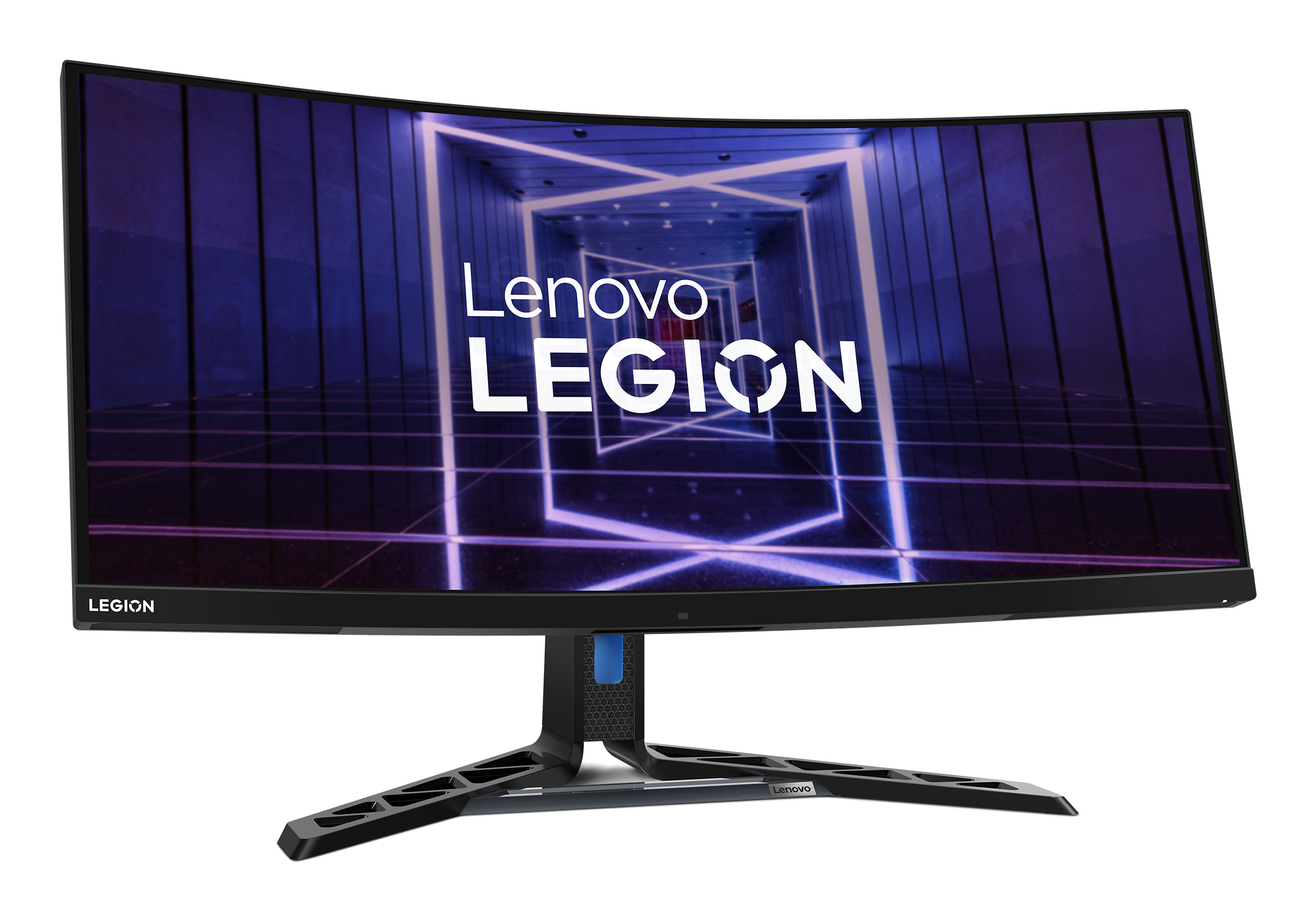 Zakrzywiony monitor Lenovo Legion na białym tle. Ekran pokazuje neonowy tunel z logo Lenovo Legion.