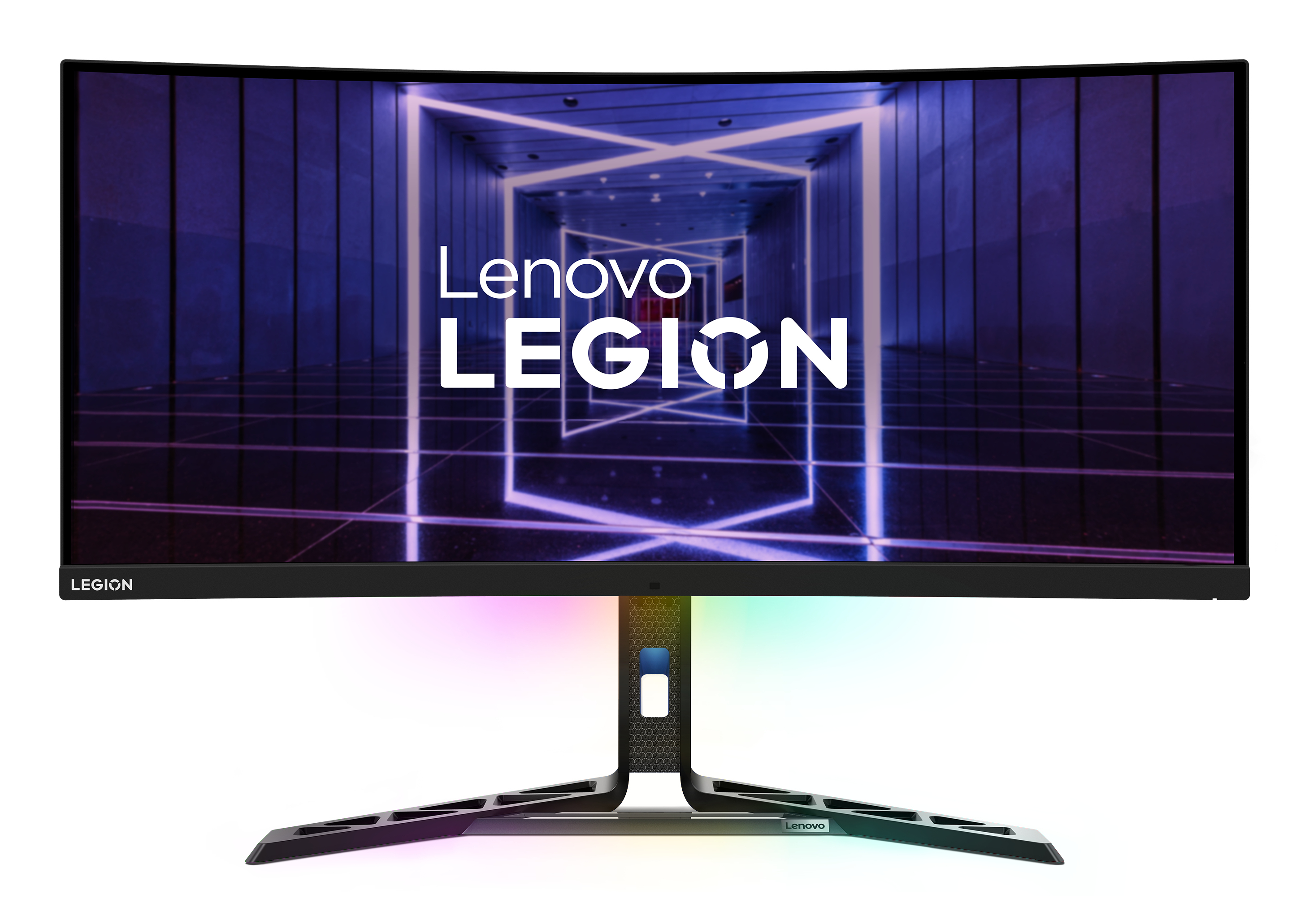 Zakrzywiony monitor z napisem 'Lenovo LEGION' na ekranie, fioletowo-niebieskie tło, czarna ramka.