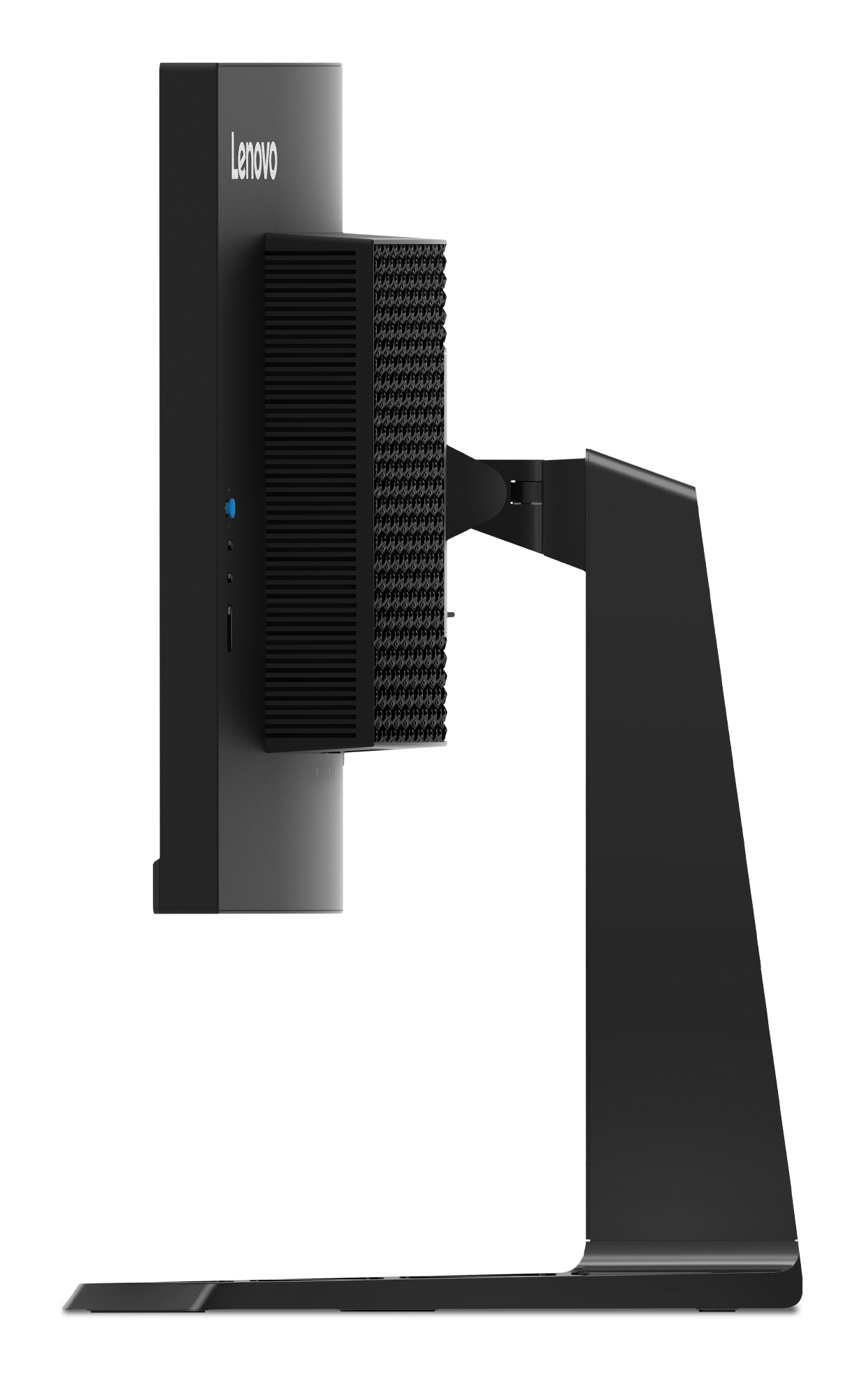 Widok z boku czarnego monitora Lenovo ze stojakiem.