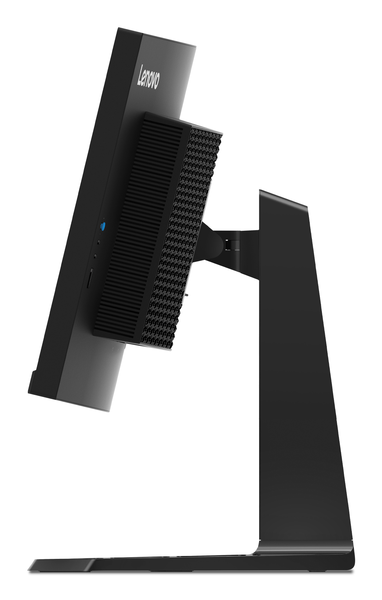Monitor Lenovo, czarny. Widok z boku pokazujący ekran, tył z logo Lenovo i podstawę.