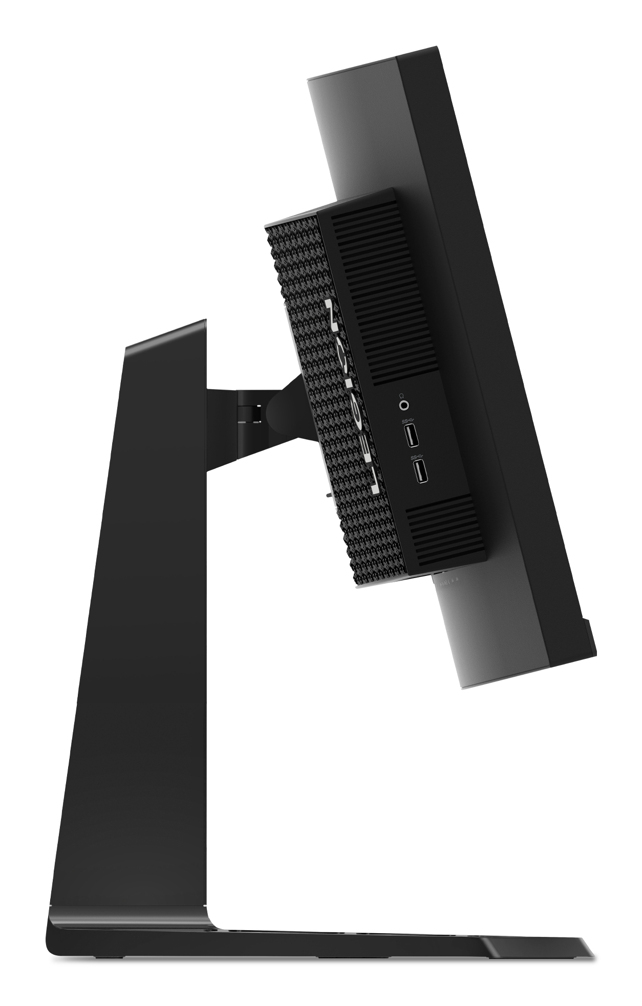 Monitor komputera z mini-PC przymocowanym z tyłu, na czarnej podstawie.