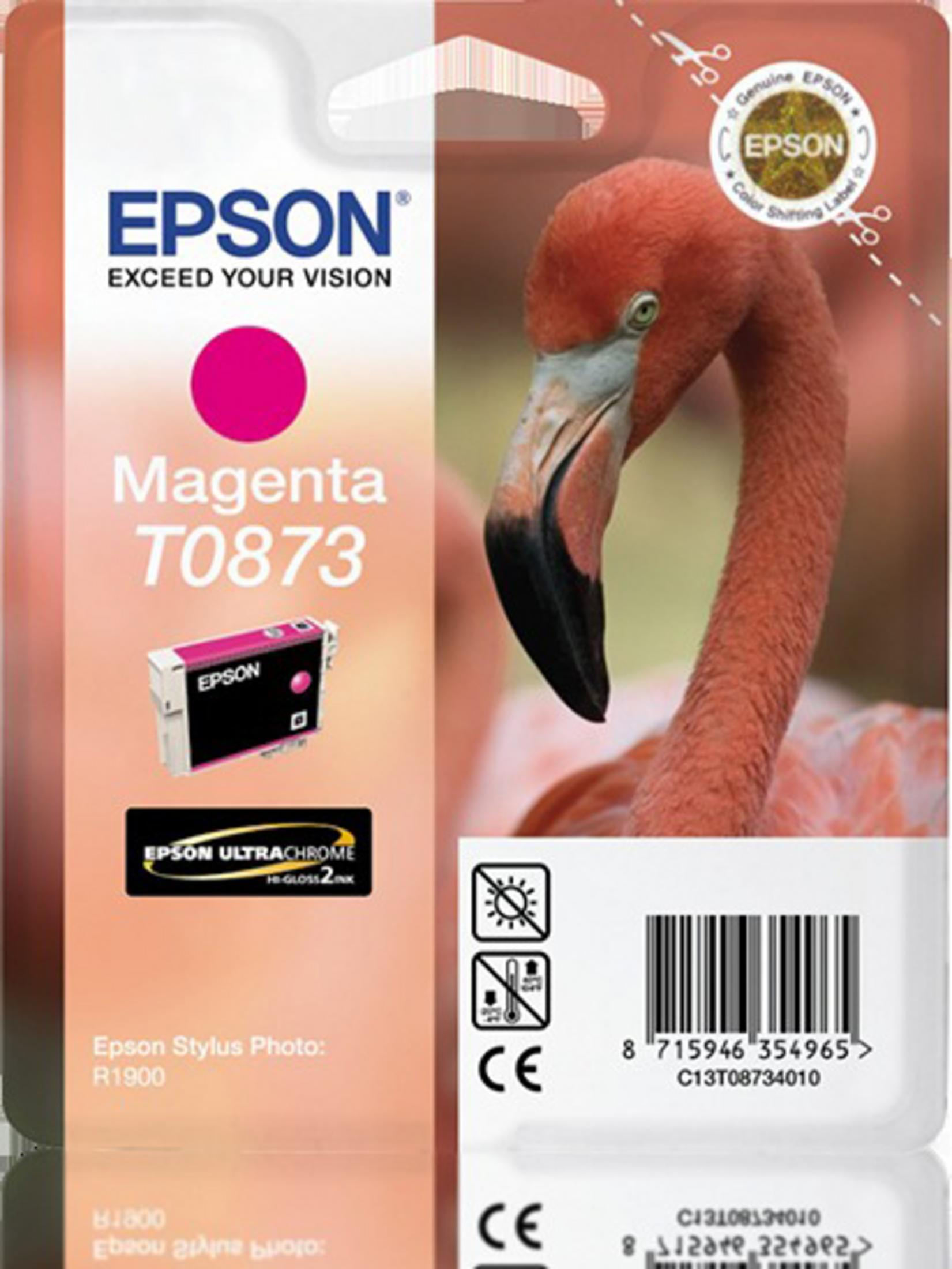 Epson magenta inktcartridge verpakking met een flamingo afbeelding.
