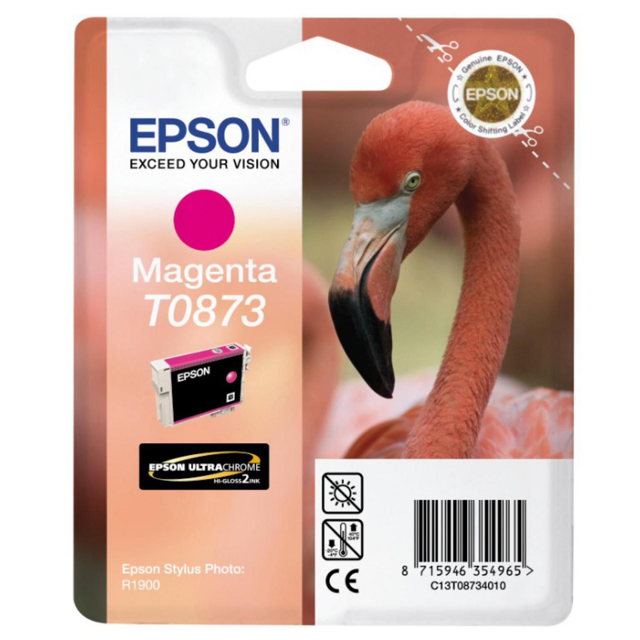 Epson magenta inktcartridge verpakking met een flamingo afbeelding en de productdetails.