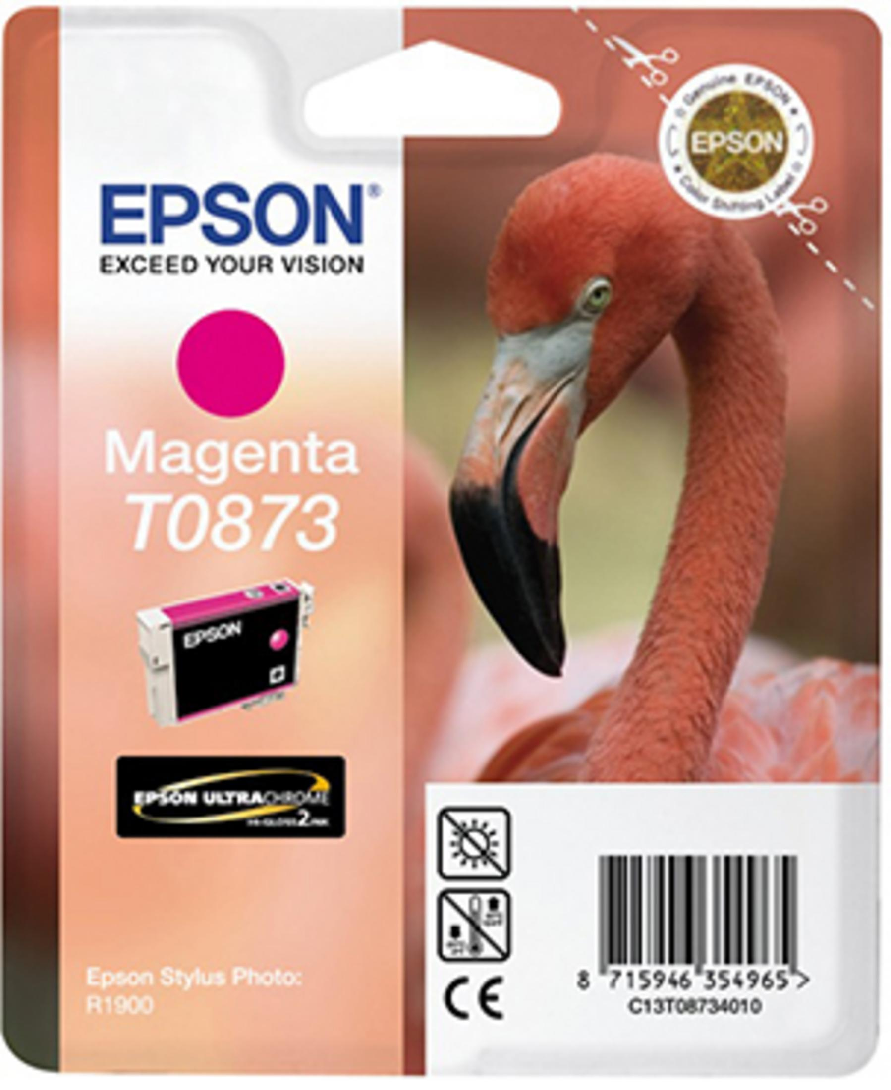 Magenta inktcartridge verpakking met flamingo afbeelding en Epson logo.
