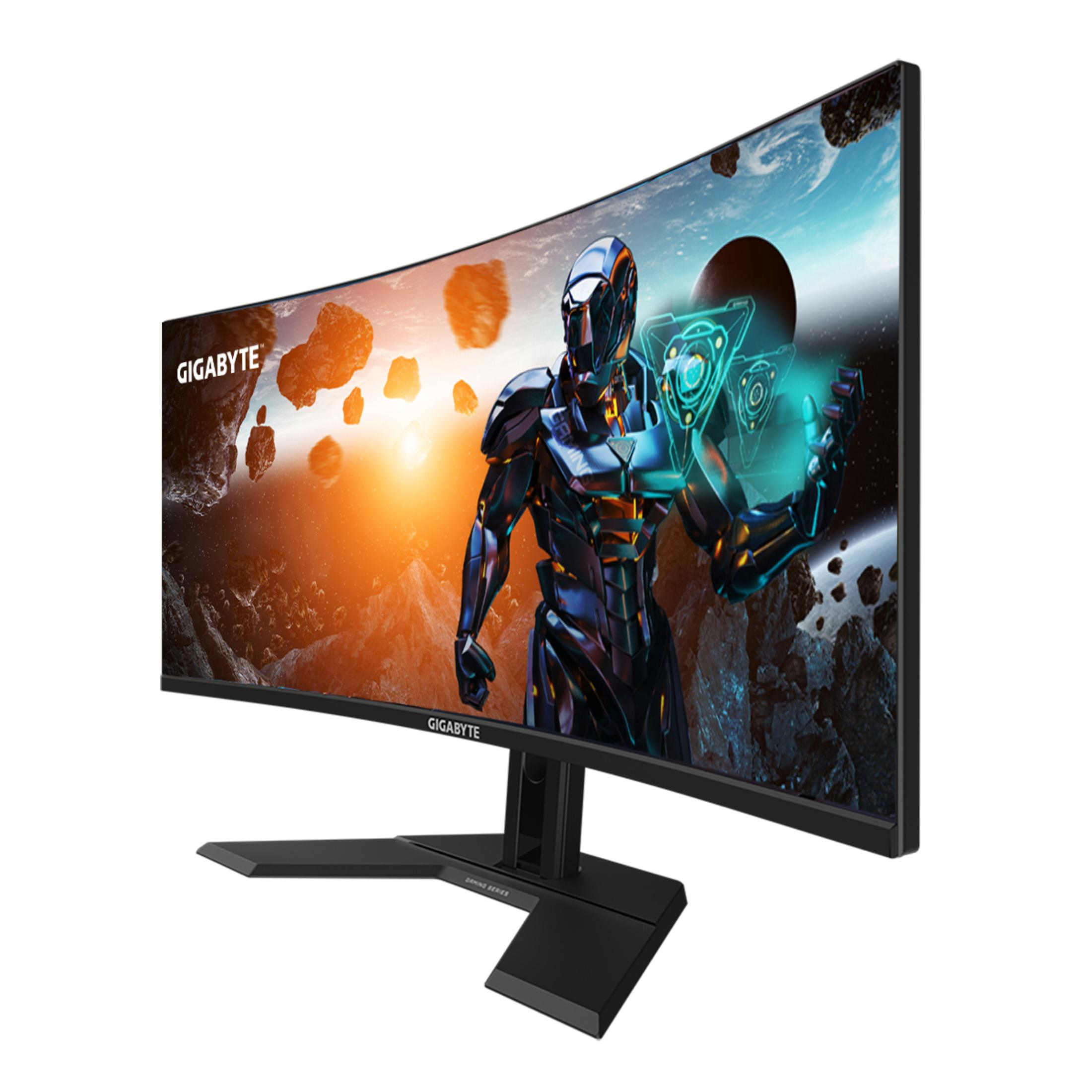Monitor curvo da gioco che mostra una scena fantascientifica. Il monitor è su un supporto.