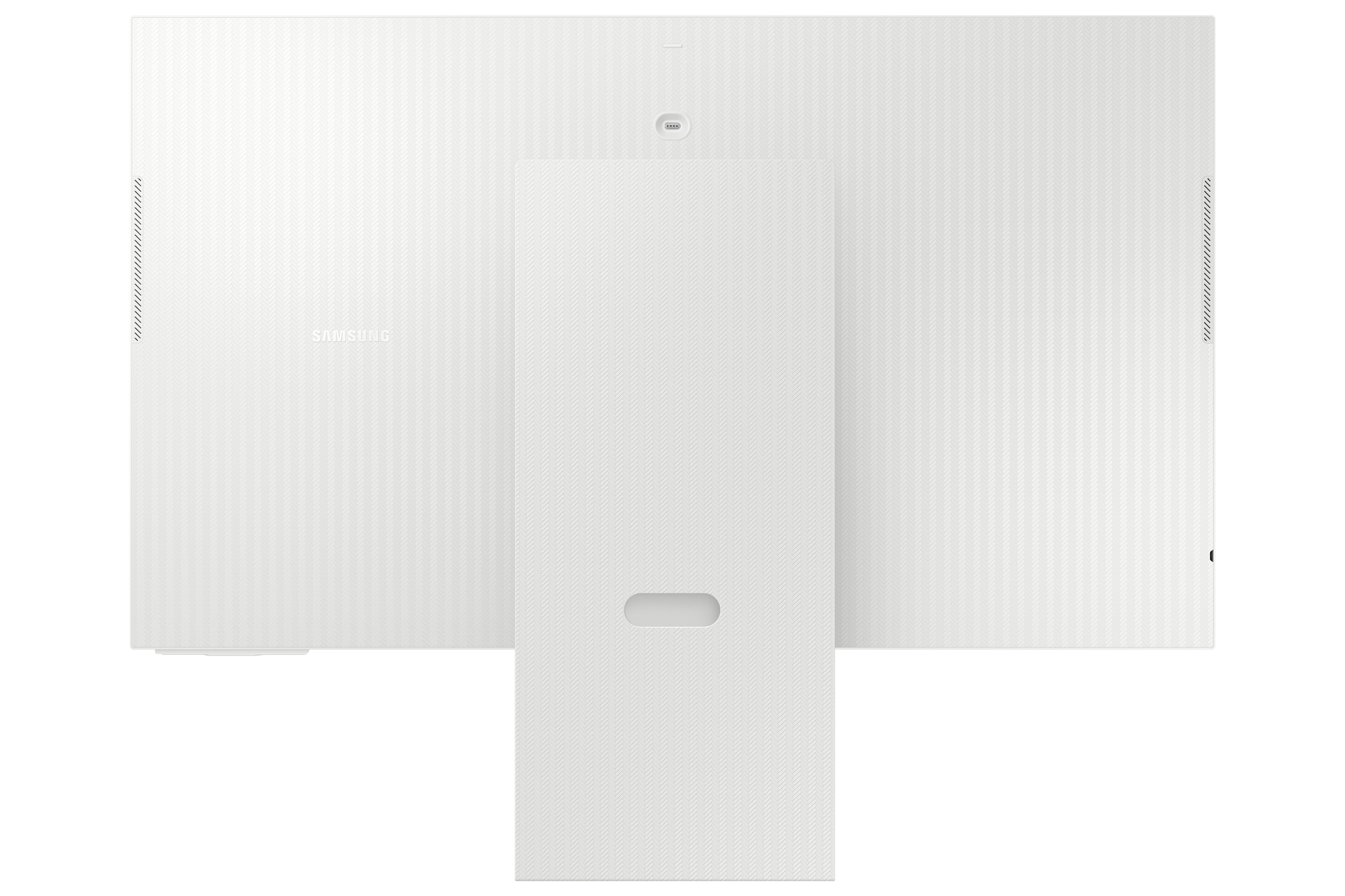 Tył białego monitora komputerowego ze stojakiem. Logo Samsung jest widoczne.