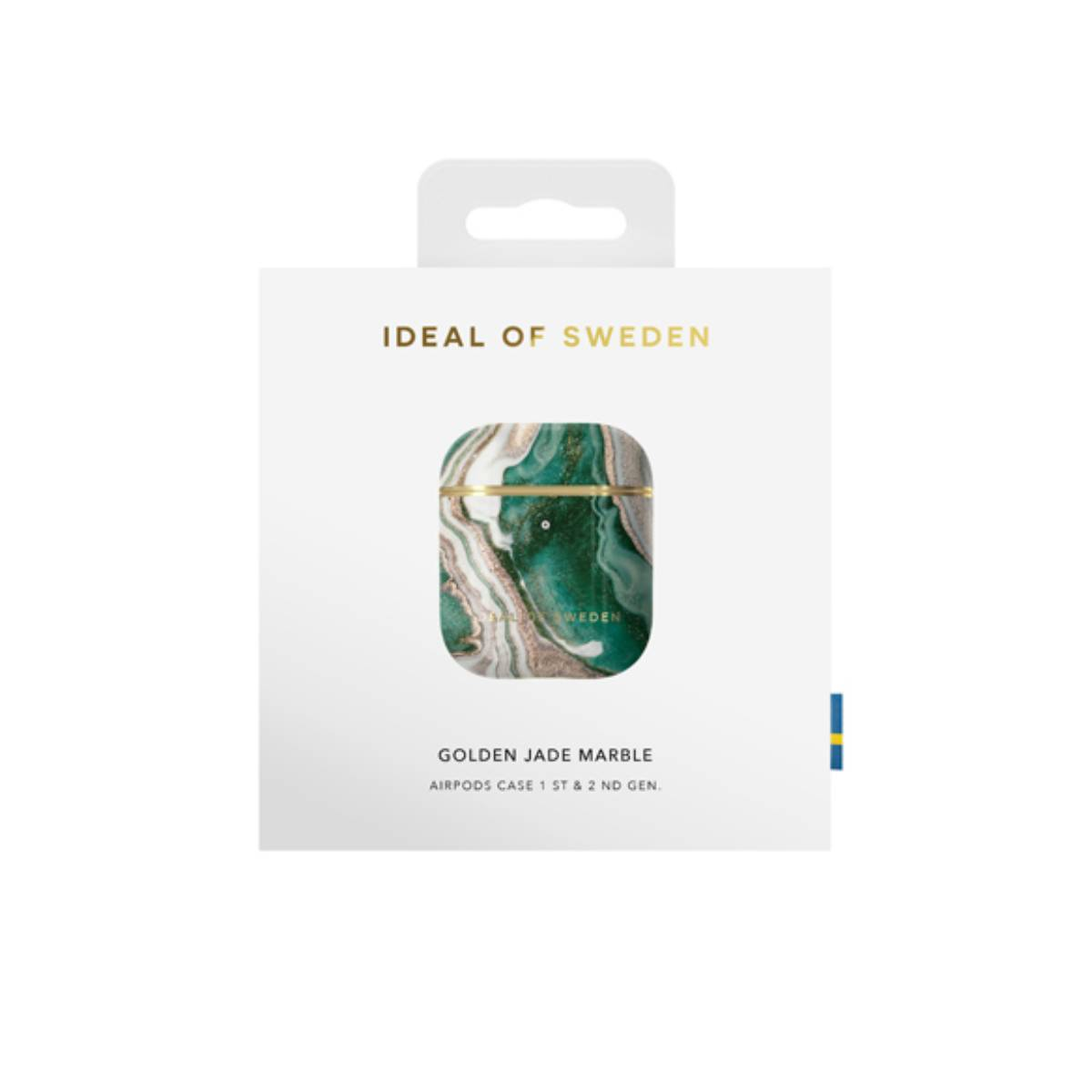 Caja para AirPods con diseño de mármol verde, nombre del producto y logotipo de la marca.