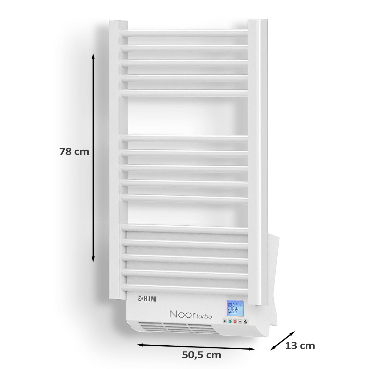 Radiador blanco montado en la pared con dimensiones etiquetadas. Tiene una pantalla digital y está etiquetado como calefactor turbo.
