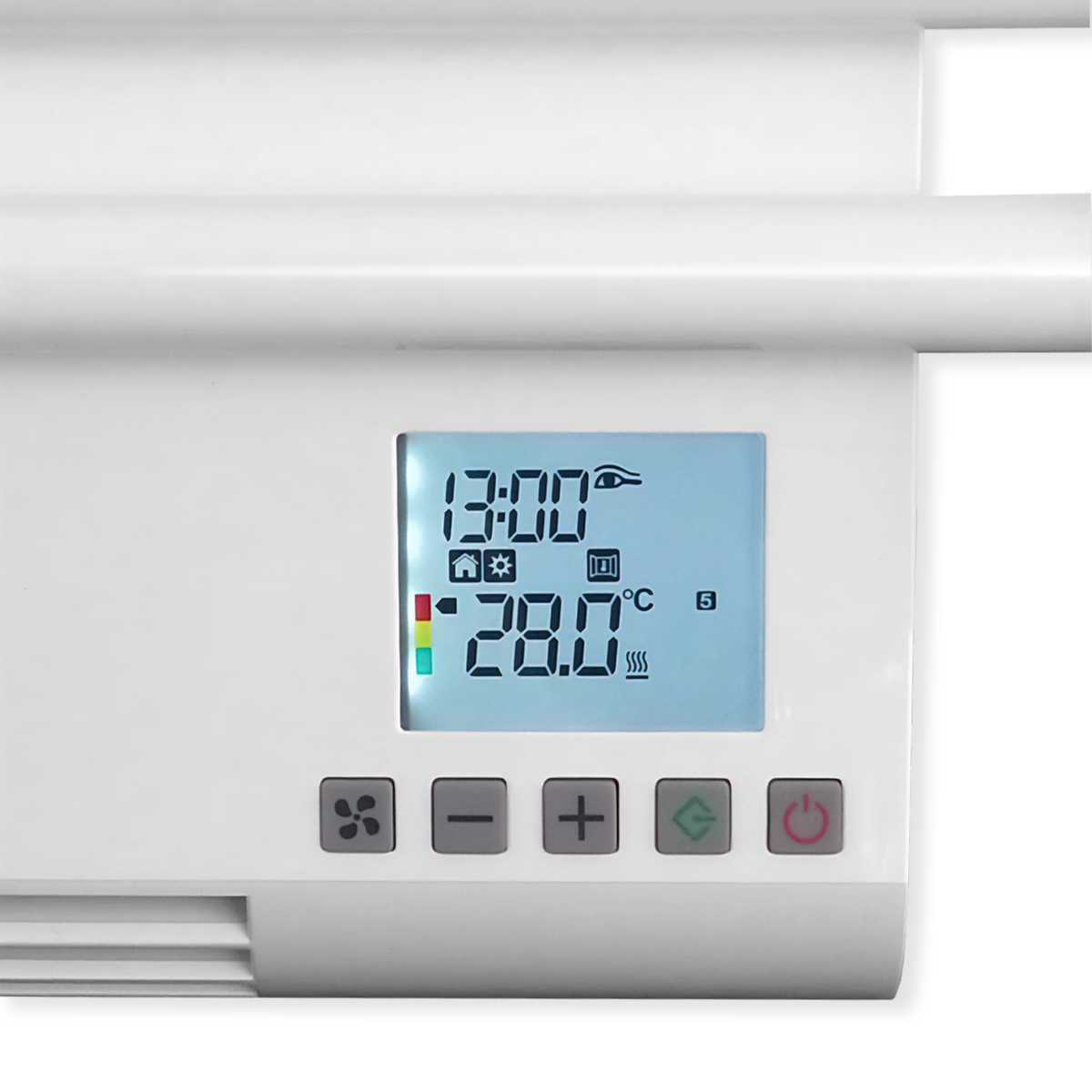 Pantalla digital que muestra la hora y la temperatura, más otros indicadores.