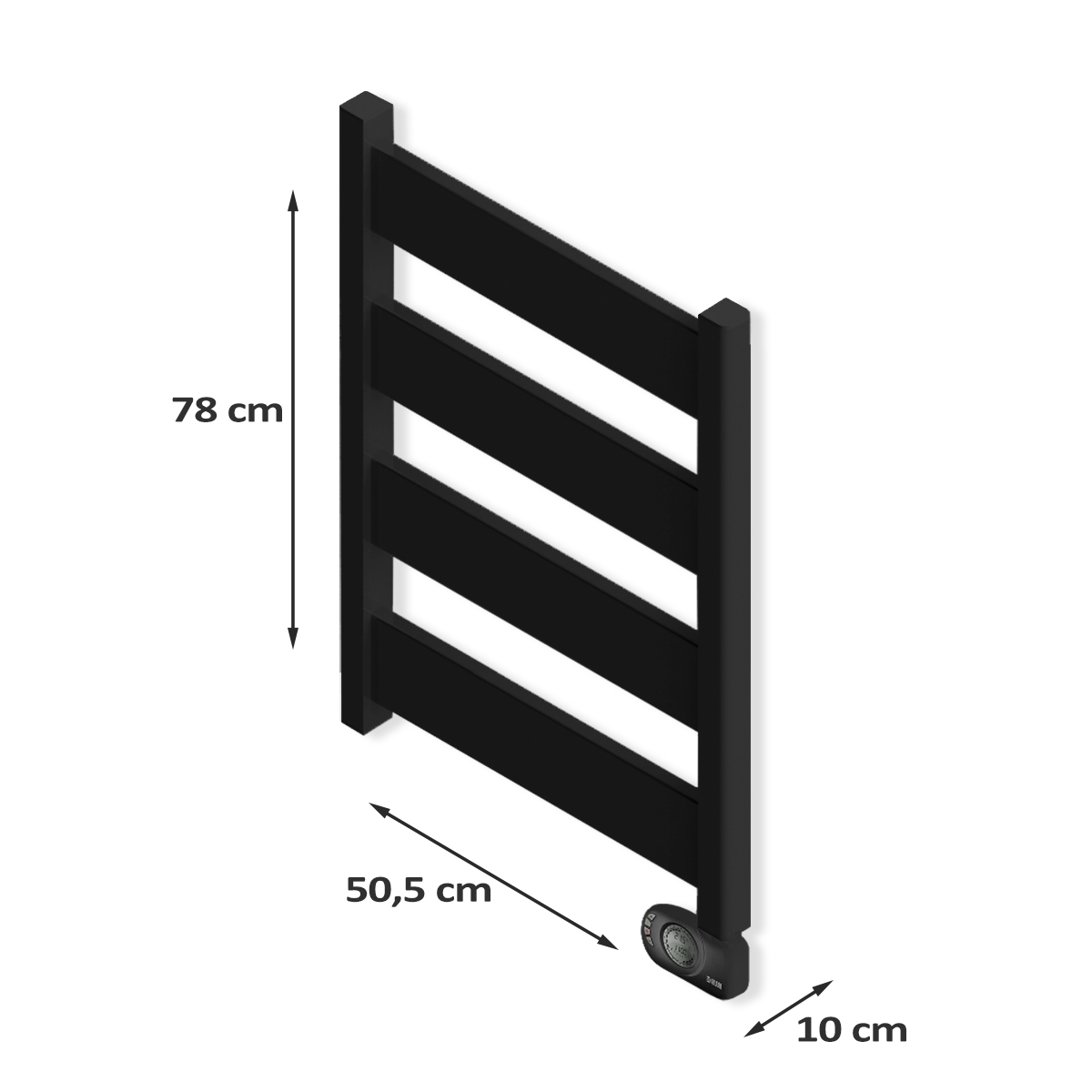 Radiador negro, rectangular, con medidas en centímetros.