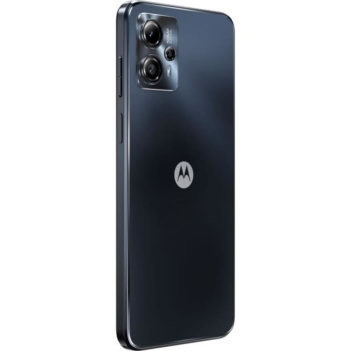 Retro del telefono Motorola grigio scuro. Include una fotocamera e il logo Motorola. Sfondo bianco.