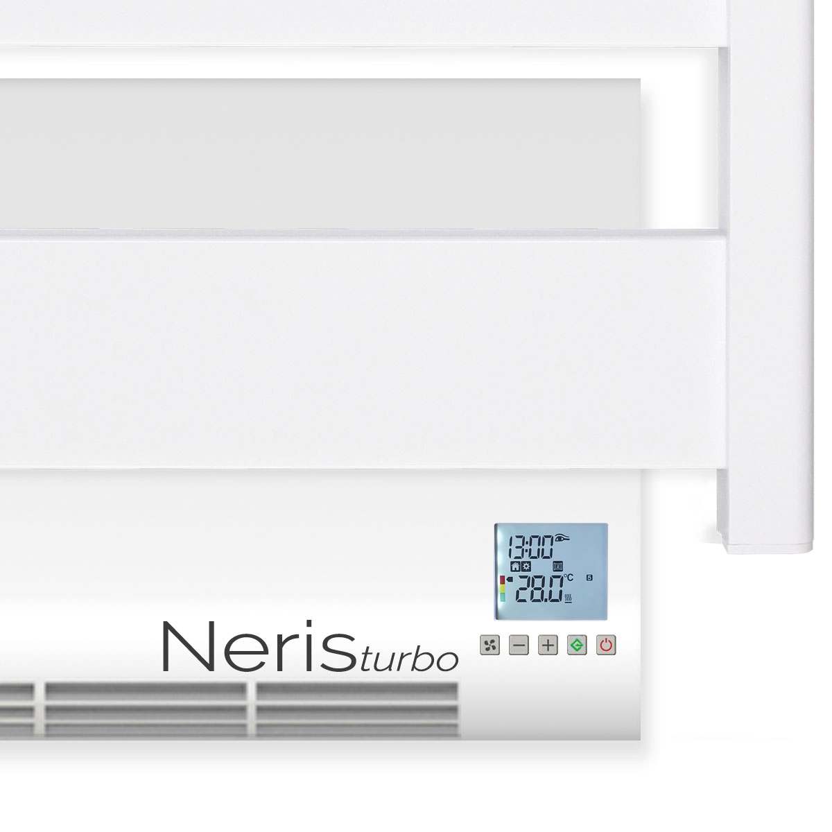 Calentador eléctrico blanco con pantalla digital que muestra la hora y la temperatura.
