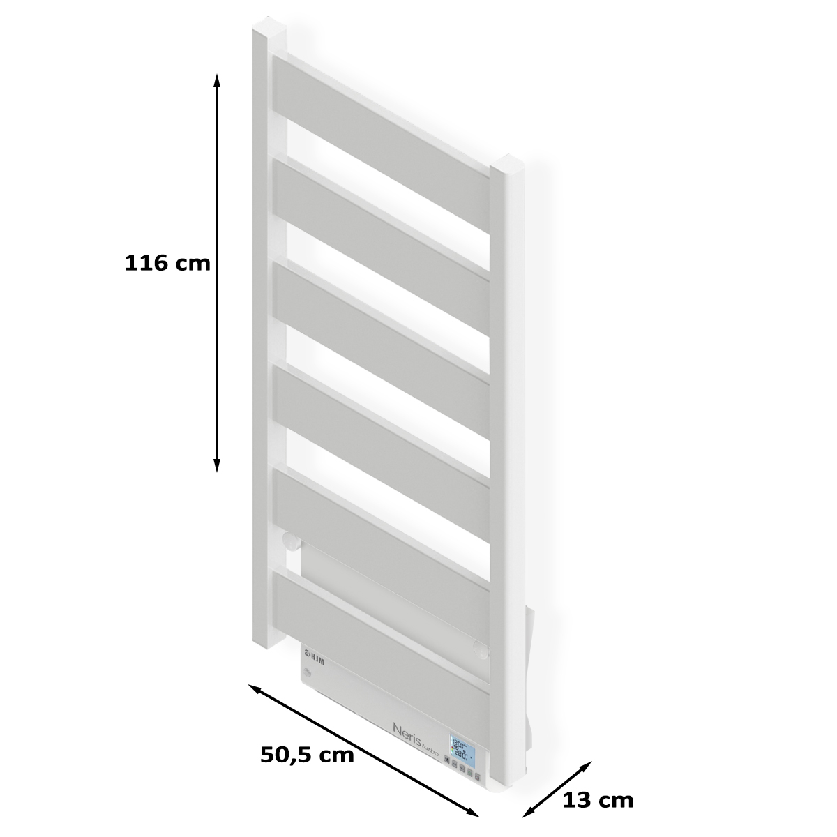 Calentador de toallas blanco con dimensiones. 116 cm alto, 50,5 cm ancho, 13 cm profundidad, en una pared blanca.