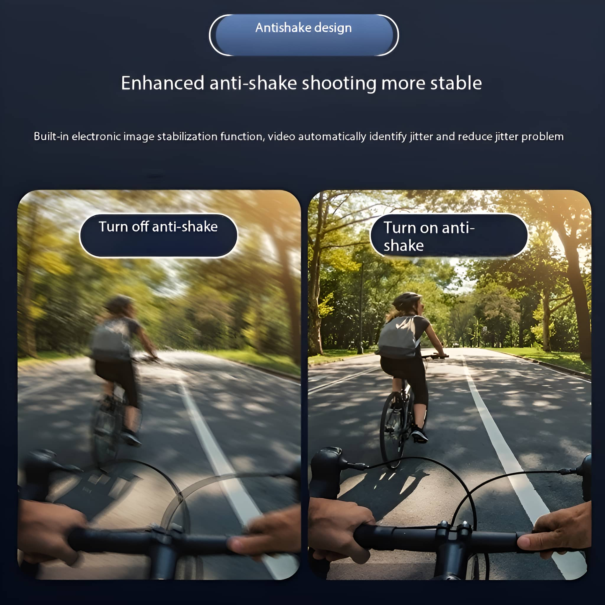 Bildvergleich: Radfahrer auf einer Straße, verschwommen vs. klar, zur Anti-Shake-Funktion.