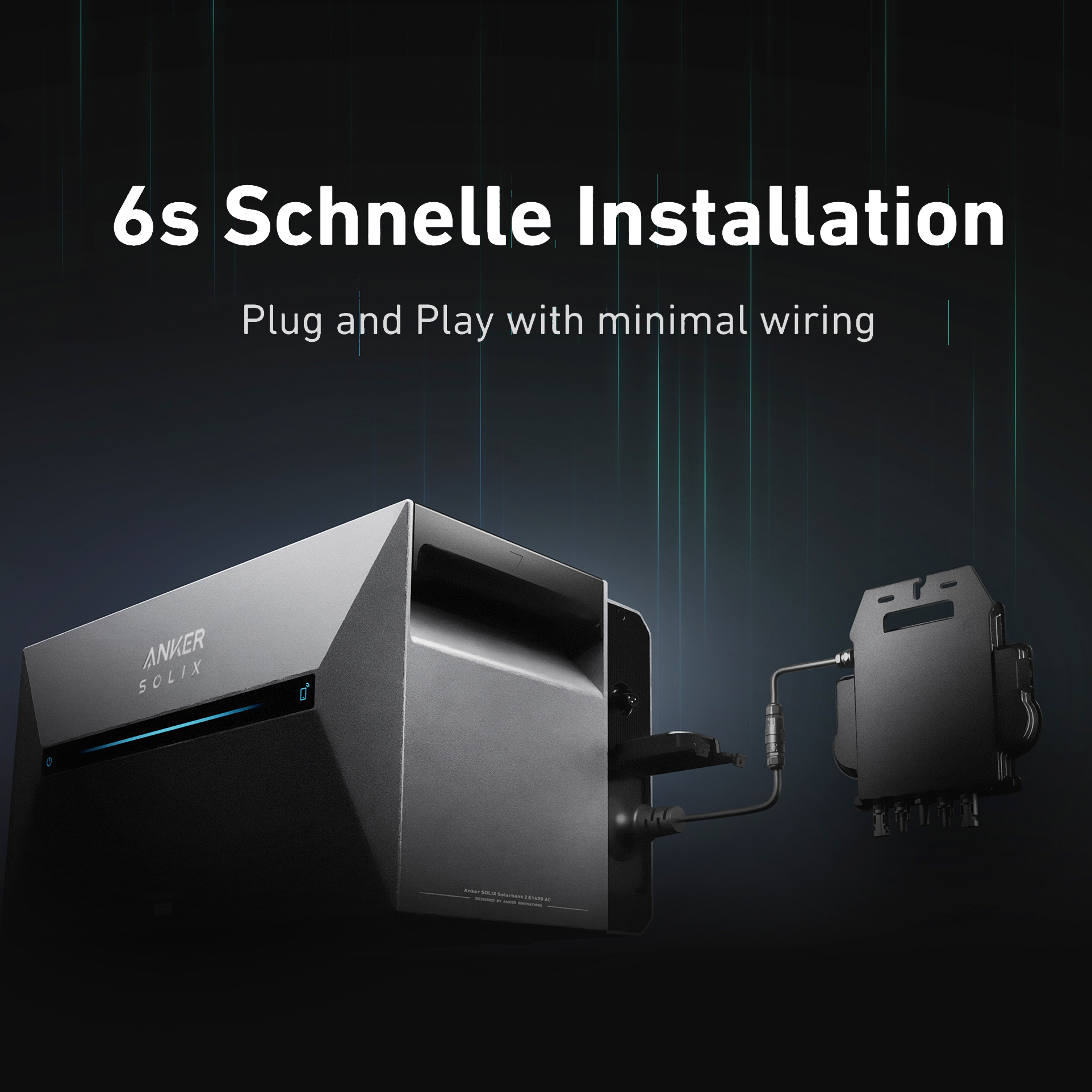 Anker Solix-Gerät mit einem schwarzen Kabel, das mit einer schwarzen Box verbunden ist. Text sagt 6s Installation.