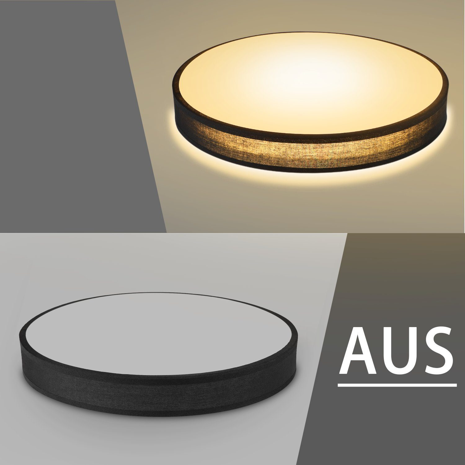 Bilder einer Deckenleuchte: Draufsicht, Seitenansicht und der Text 'AUS', die Abkürzung für Australien.