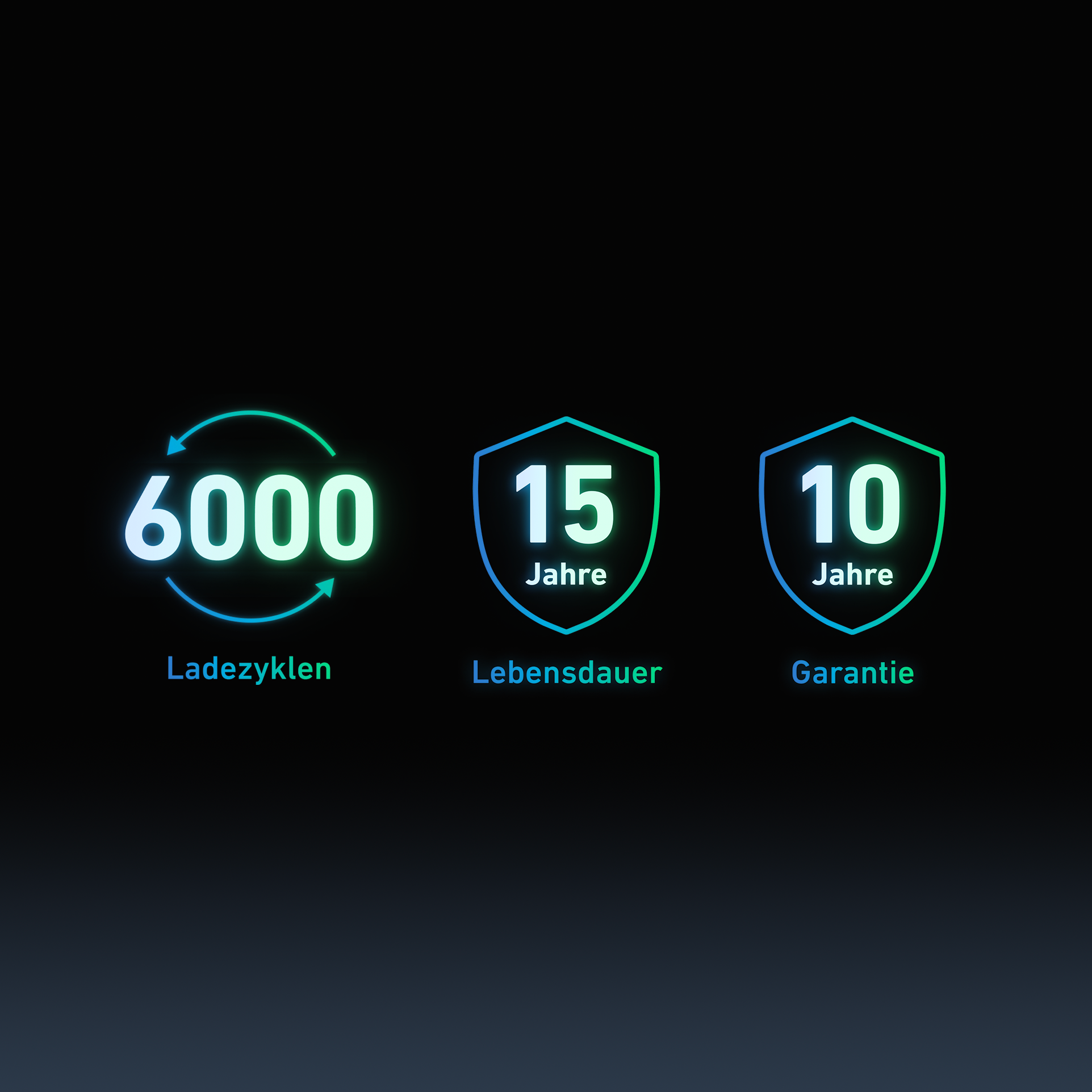 Text mit Zahlen: 6000 Zyklen, 15 Jahre Lebensdauer und 10 Jahre Garantie, in Blau und Grün.