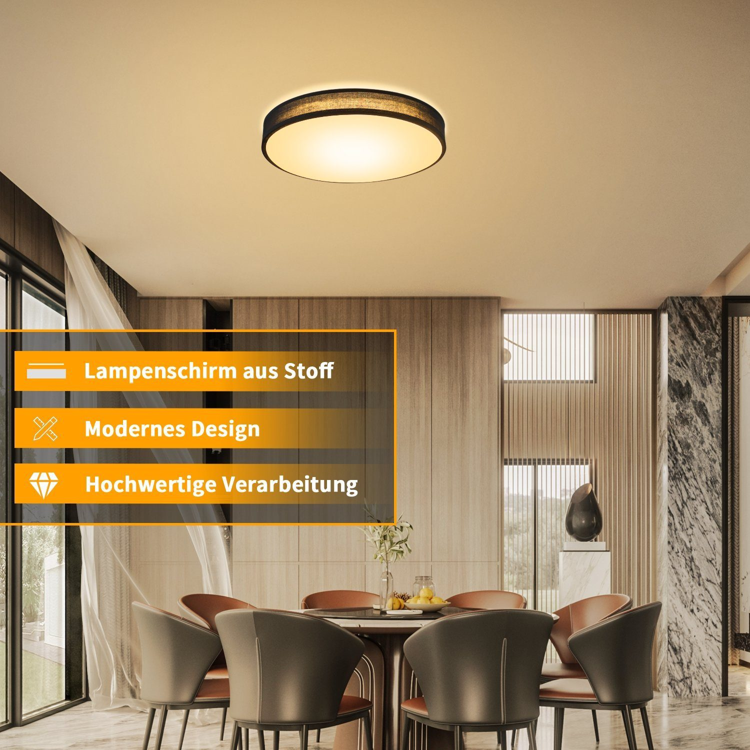 Deckenleuchte über einem Esstisch. Text hebt Stoffschirm, modernes Design und hochwertige Verarbeitung hervor.